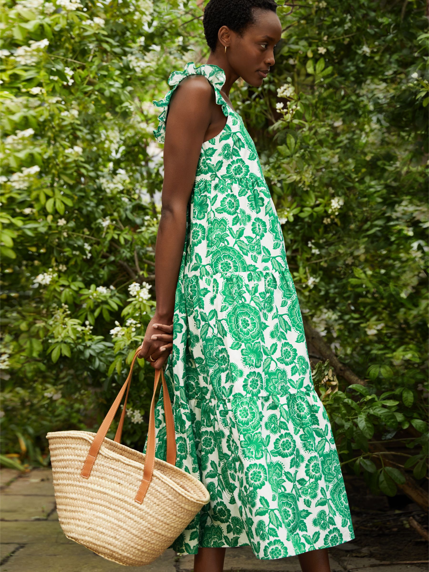 Baukjen Katie Floral Print Organic Cotton Midi Dress, Green/White, 12