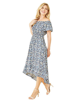 Yumi Floral Ditsy Bardot Midi Dress, Blue