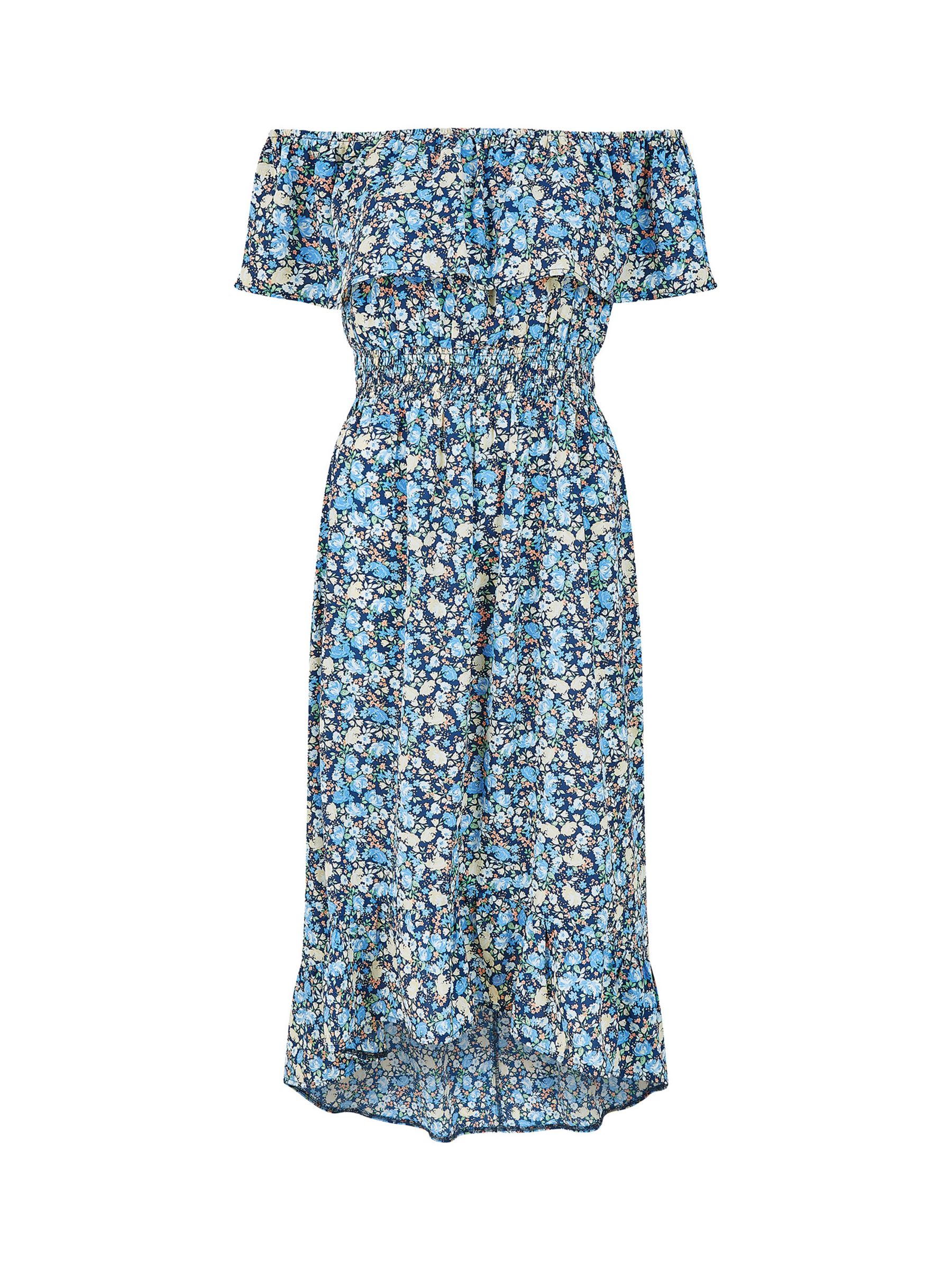 Yumi Floral Ditsy Bardot Midi Dress, Blue, 22