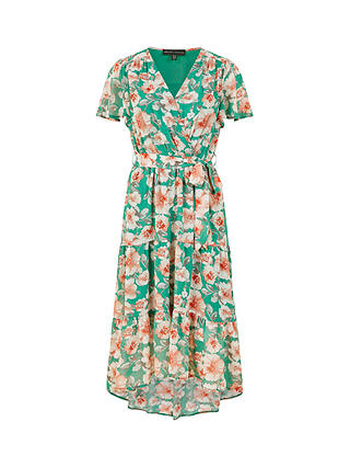 Mela London Floral Wrap Tiered Dipped Hem Dress, Green/Multi