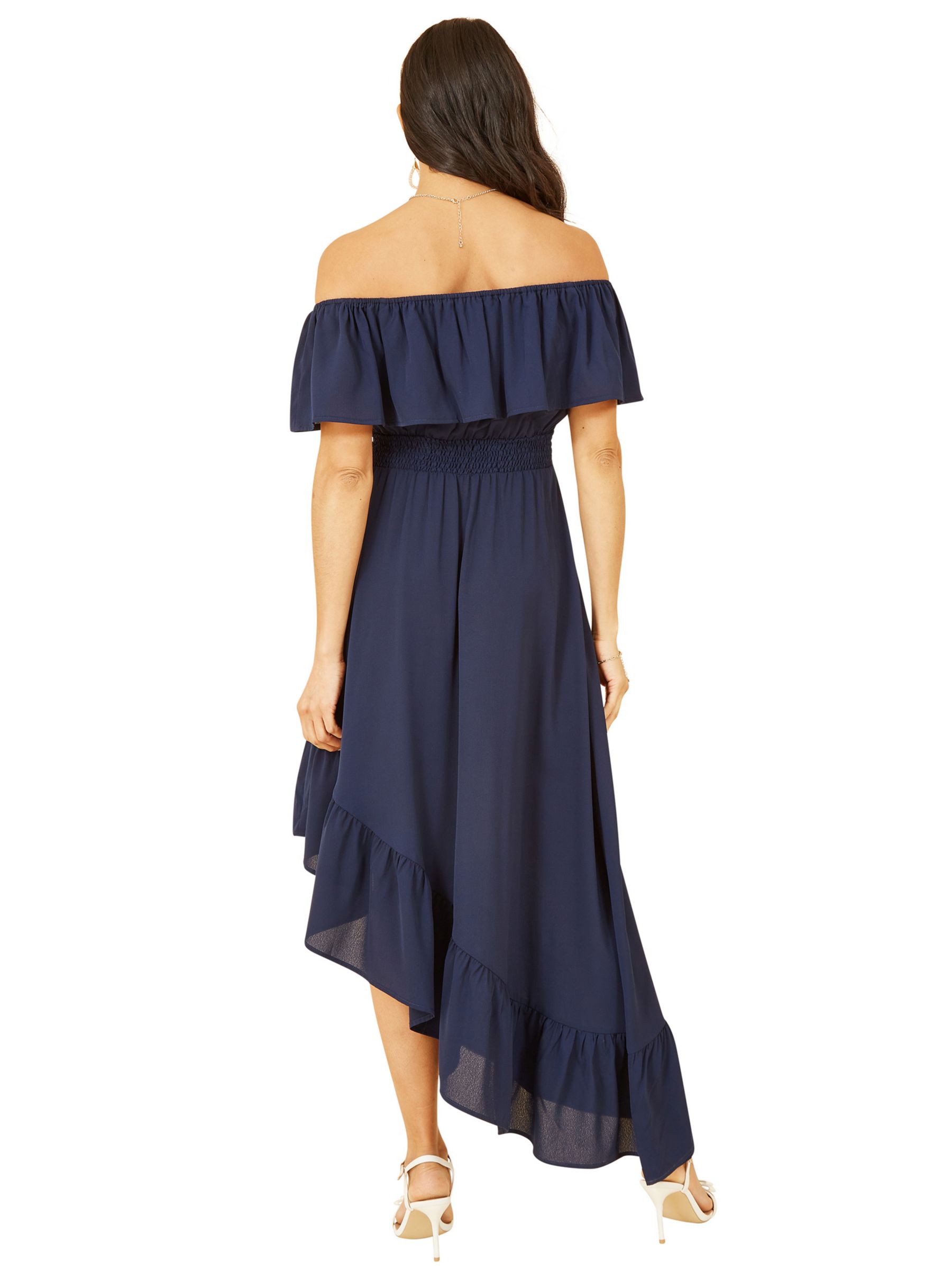 Yumi Tiered Ruffled Bardot Asymmetric Dress, Navy, 8