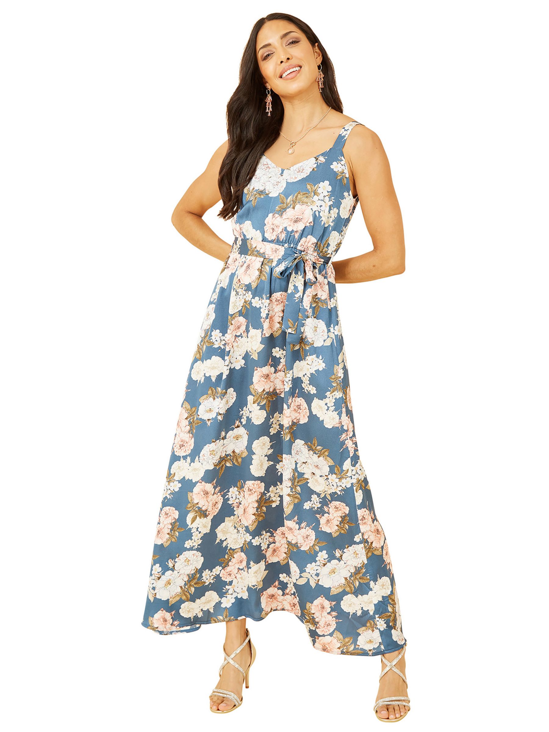 Mela London Satin Floral Print Maxi Dress, Blue at John Lewis & Partners