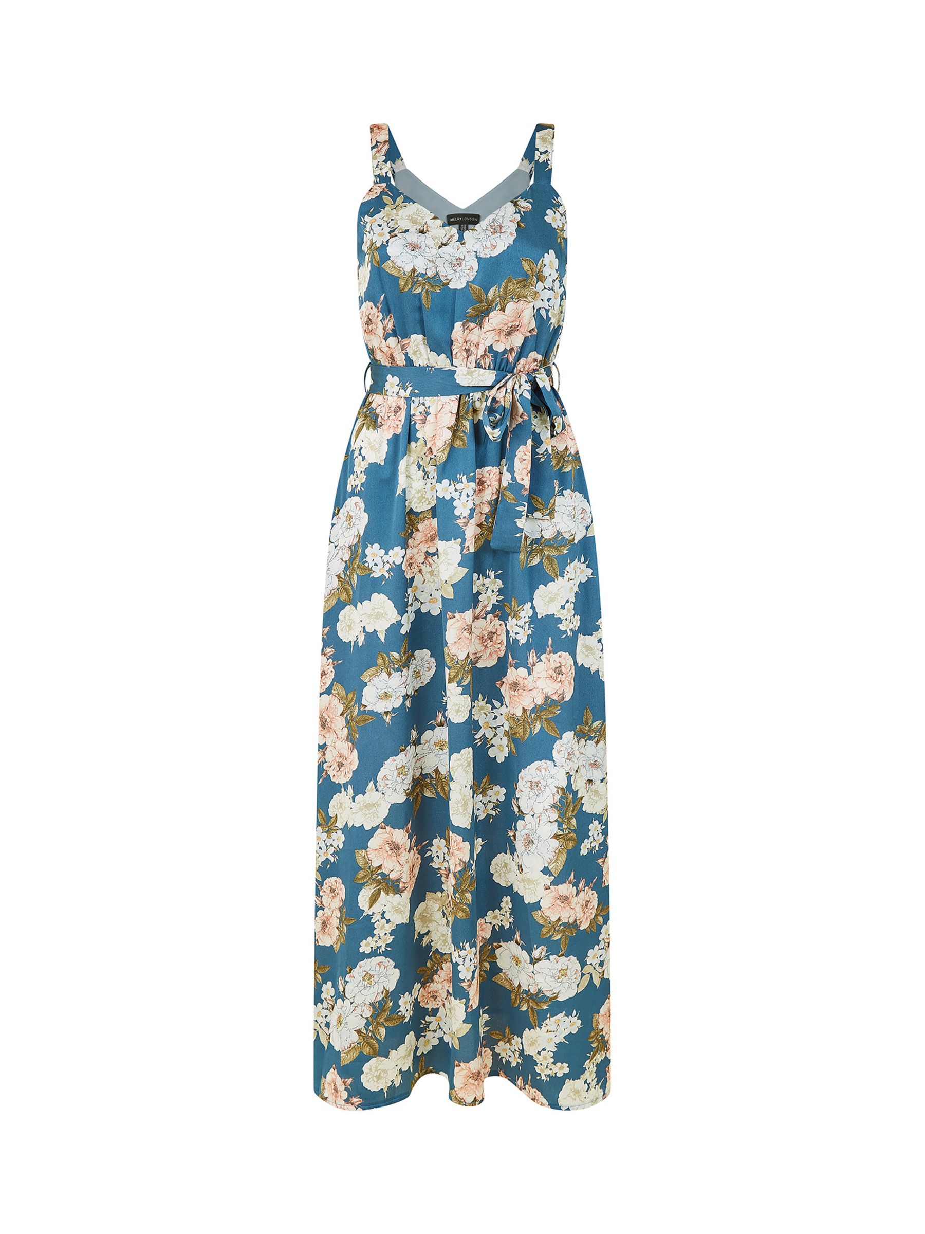 Mela London Satin Floral Print Maxi Dress, Blue at John Lewis & Partners