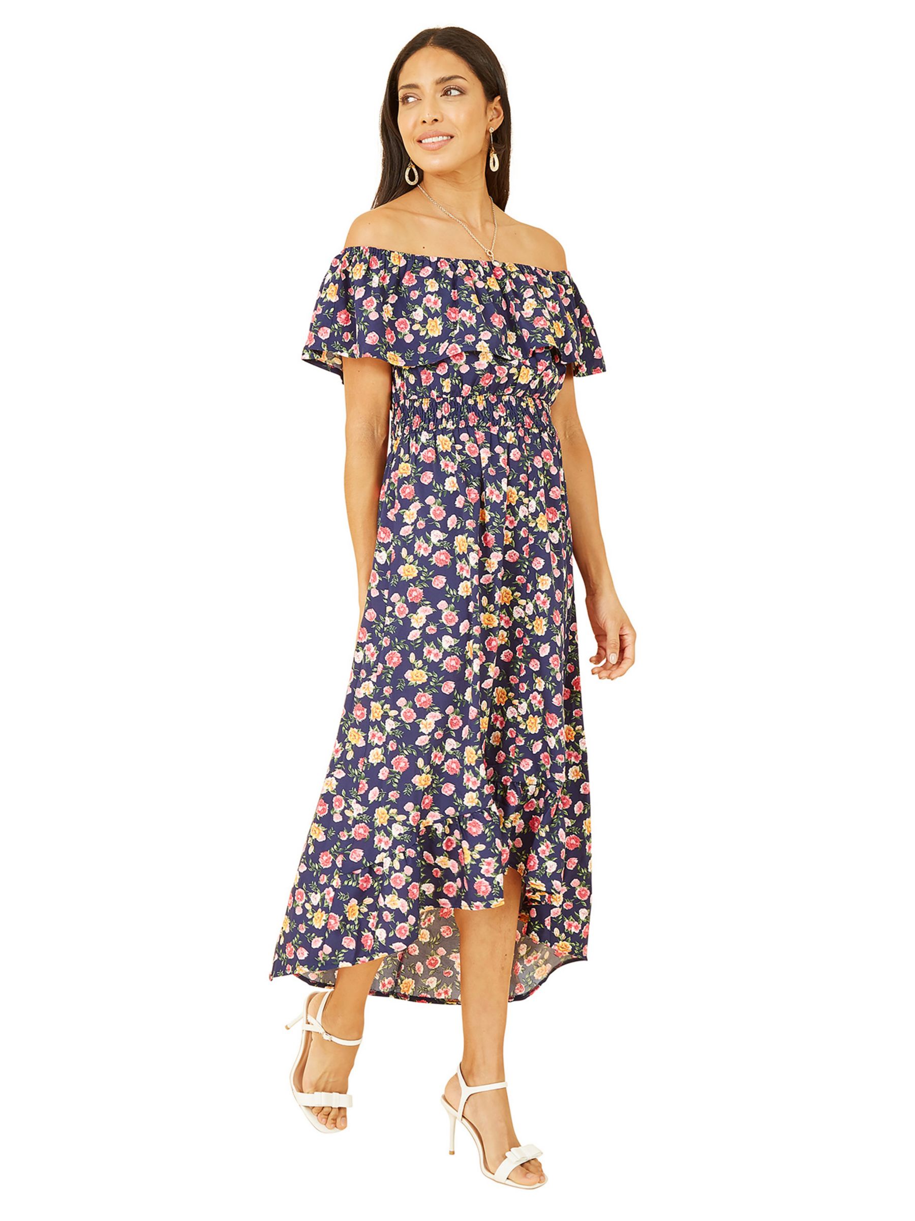 Mela London Floral Print Bardot Dress, Navy at John Lewis & Partners