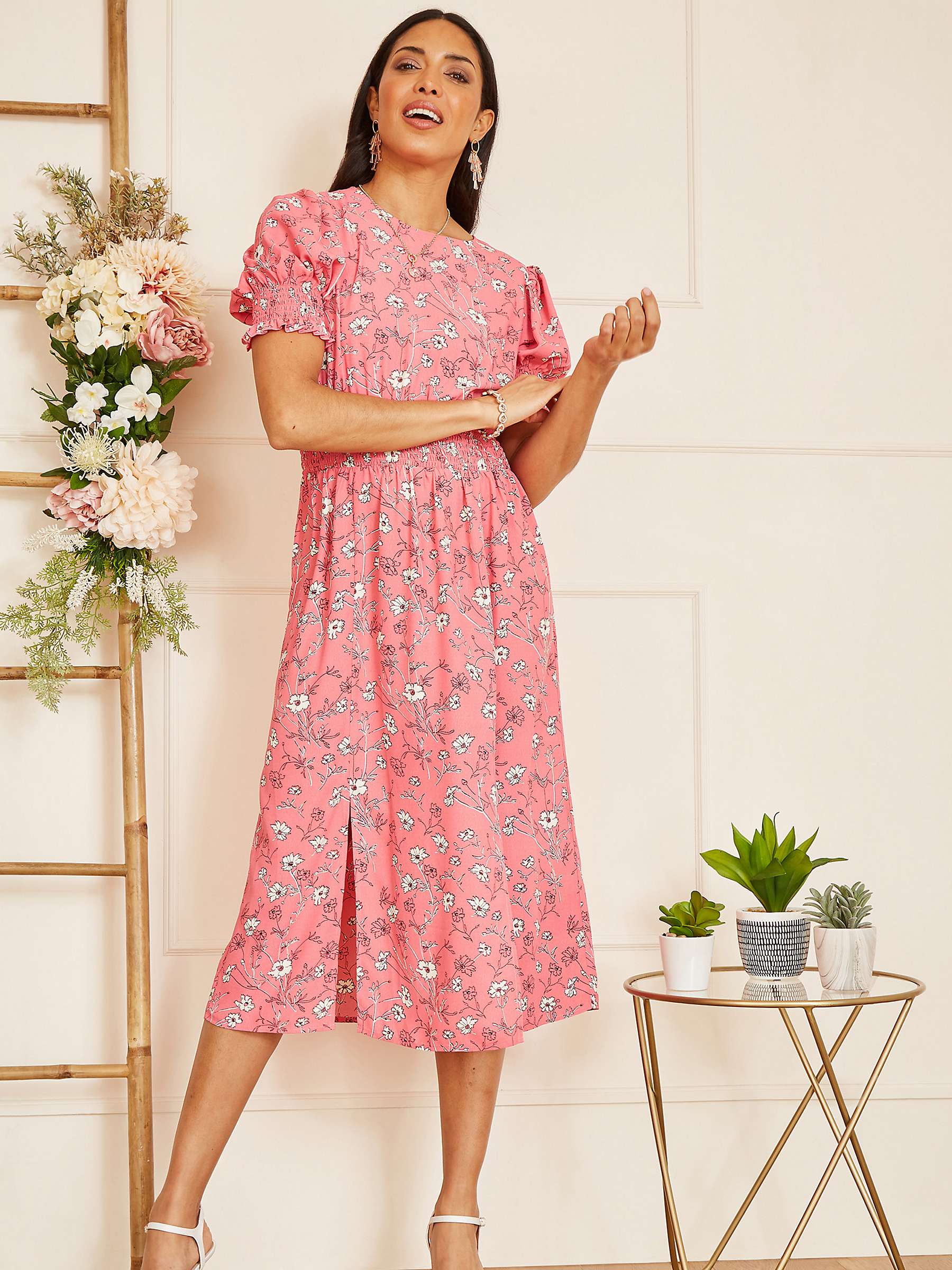 Buy Mela London Floral Print Ruched Waist Midi Dress, Pink Online at johnlewis.com