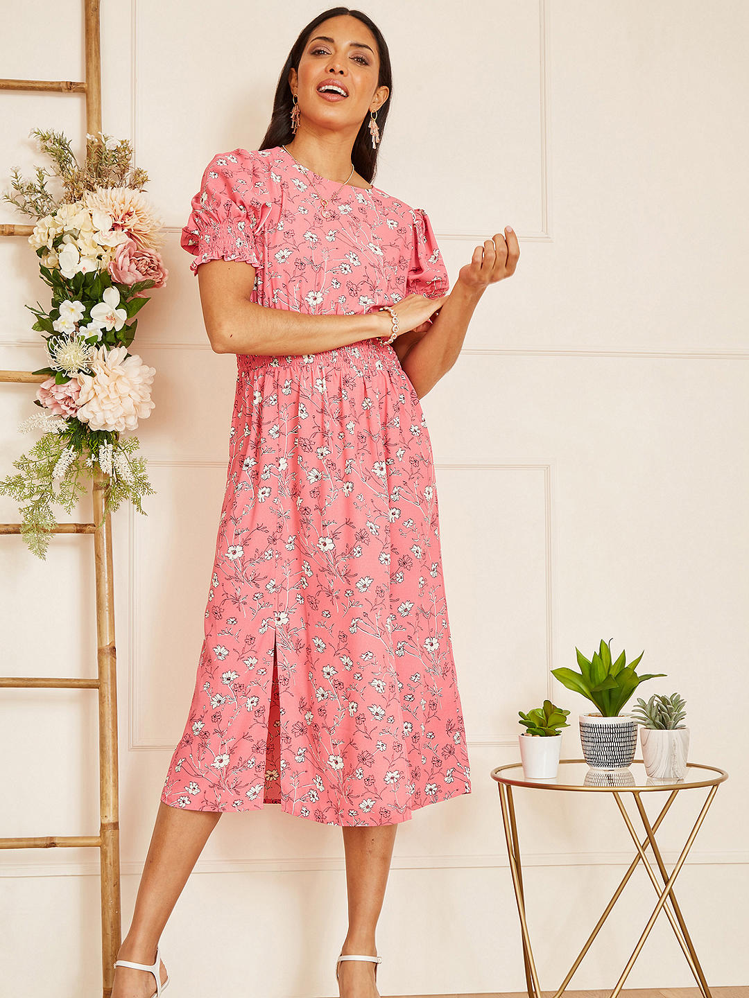 Mela London Floral Print Ruched Waist Midi Dress, Pink