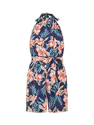 Yumi Palm Print Halter Neck Playsuit, Navy