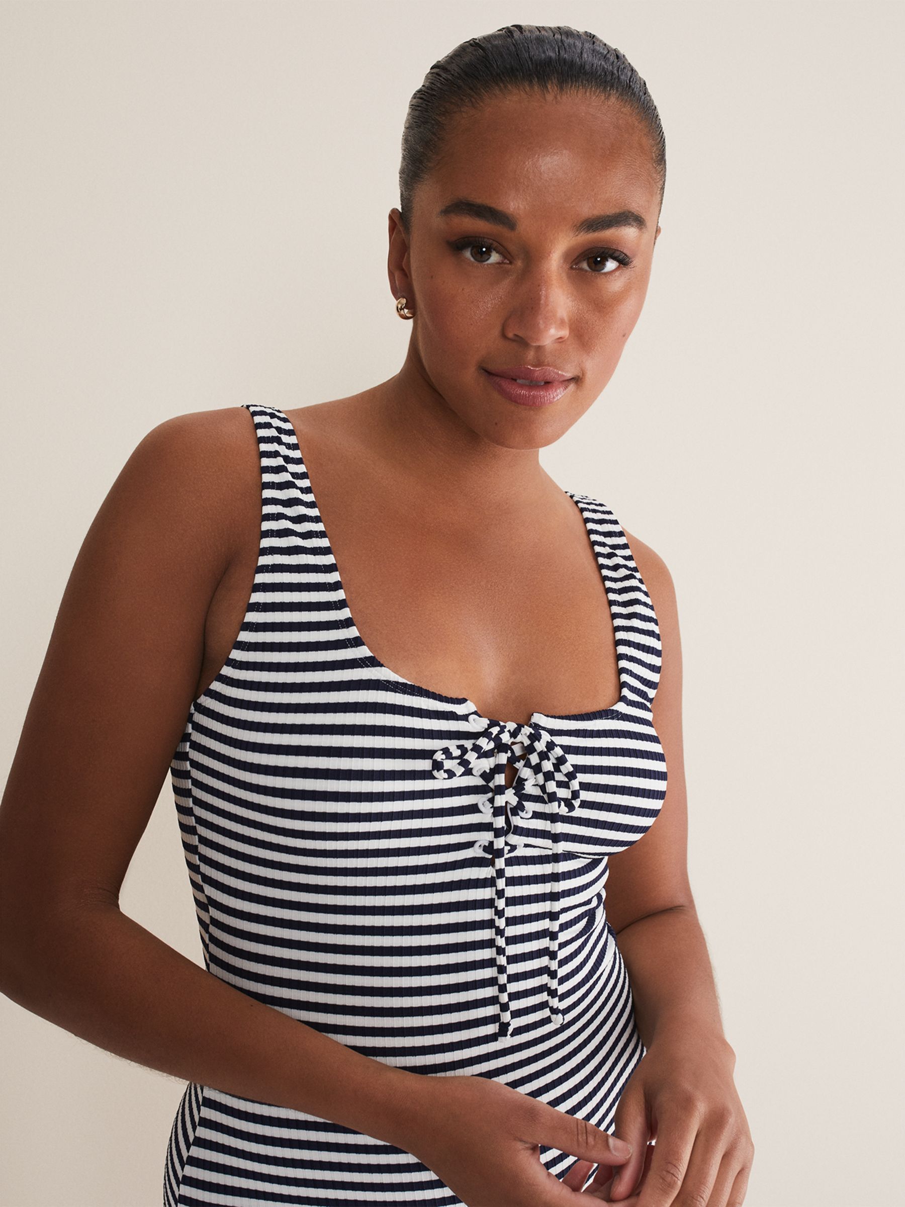 Phase Eight Striped Ribbed Swimsuit, Navy/Ivory, 14