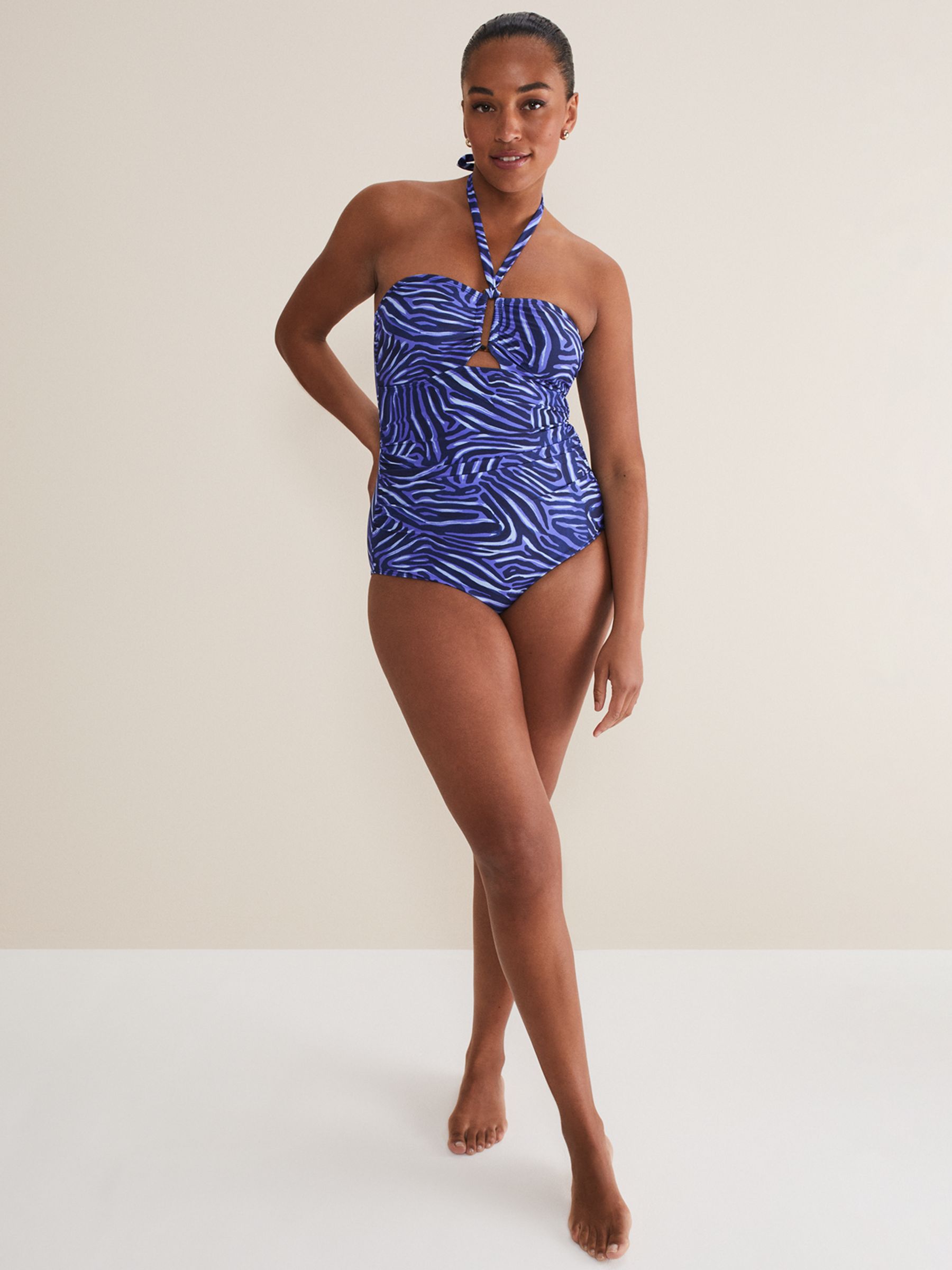 Phase Eight Zebra Print Halterneck Swimsuit, Blue, 8