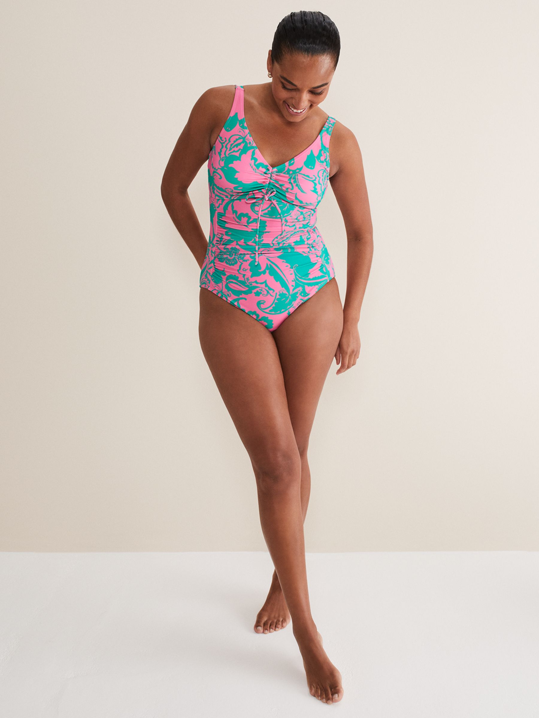 Phase Eight Paisley Print Swimsuit, Green/Pink, 16