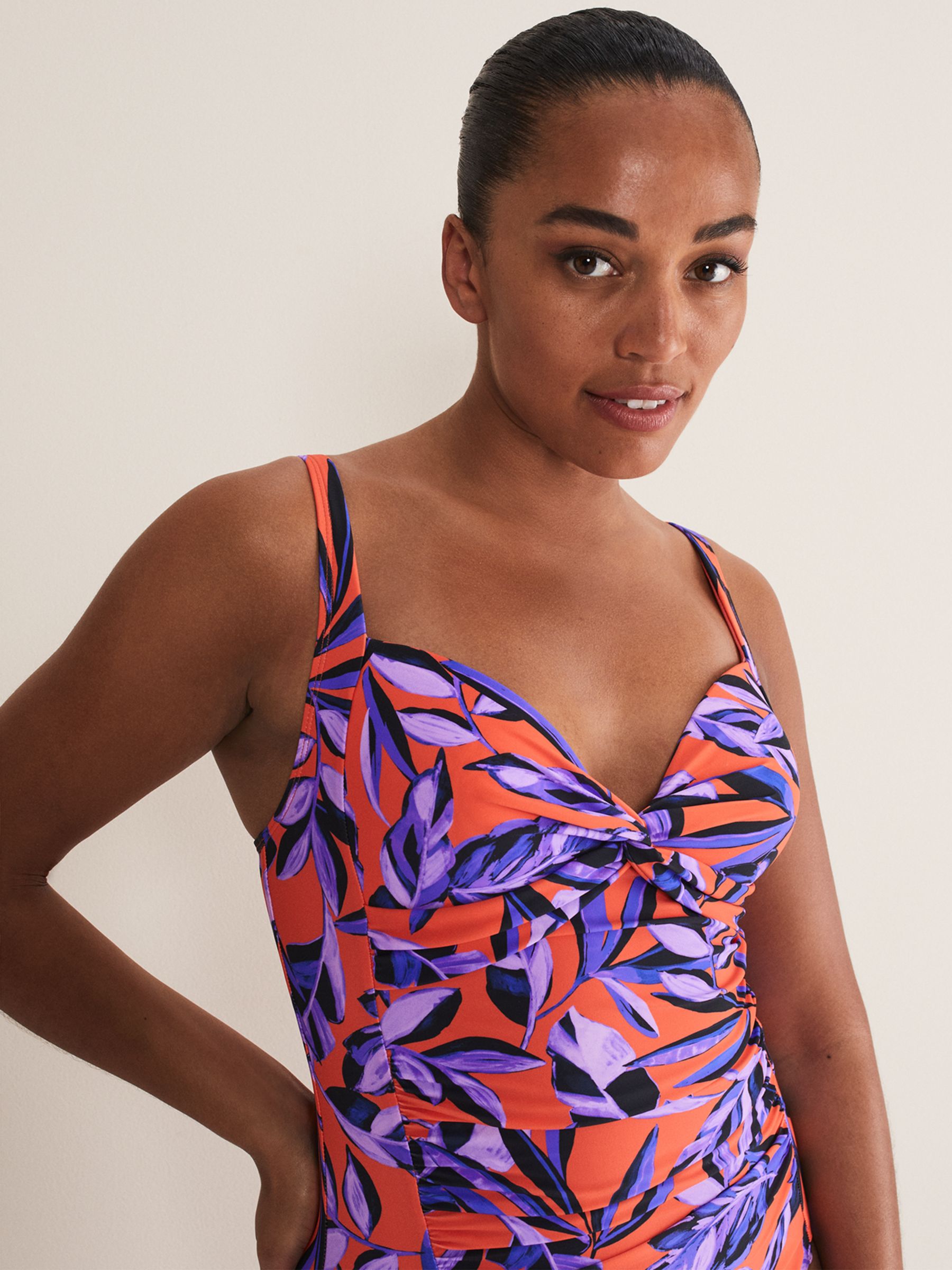 Phase Eight Leaf Print Swimsuit, Purple/Orange, 8