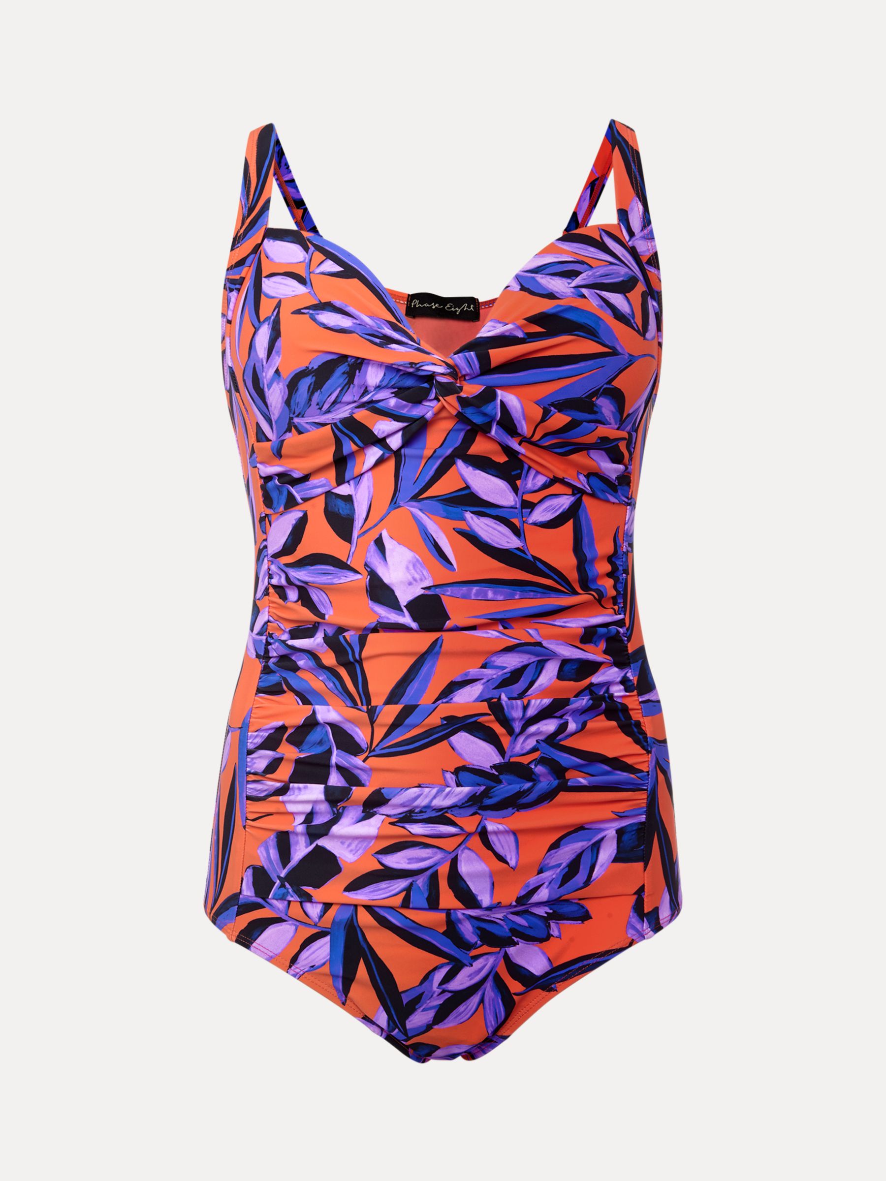 Phase Eight Leaf Print Swimsuit, Purple/Orange, 8