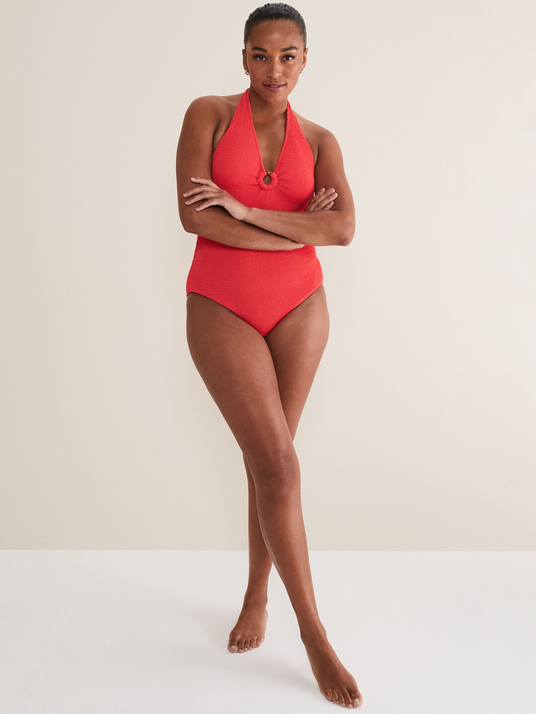 Phase Eight Textured Halterneck Swimsuit, Coral, 8