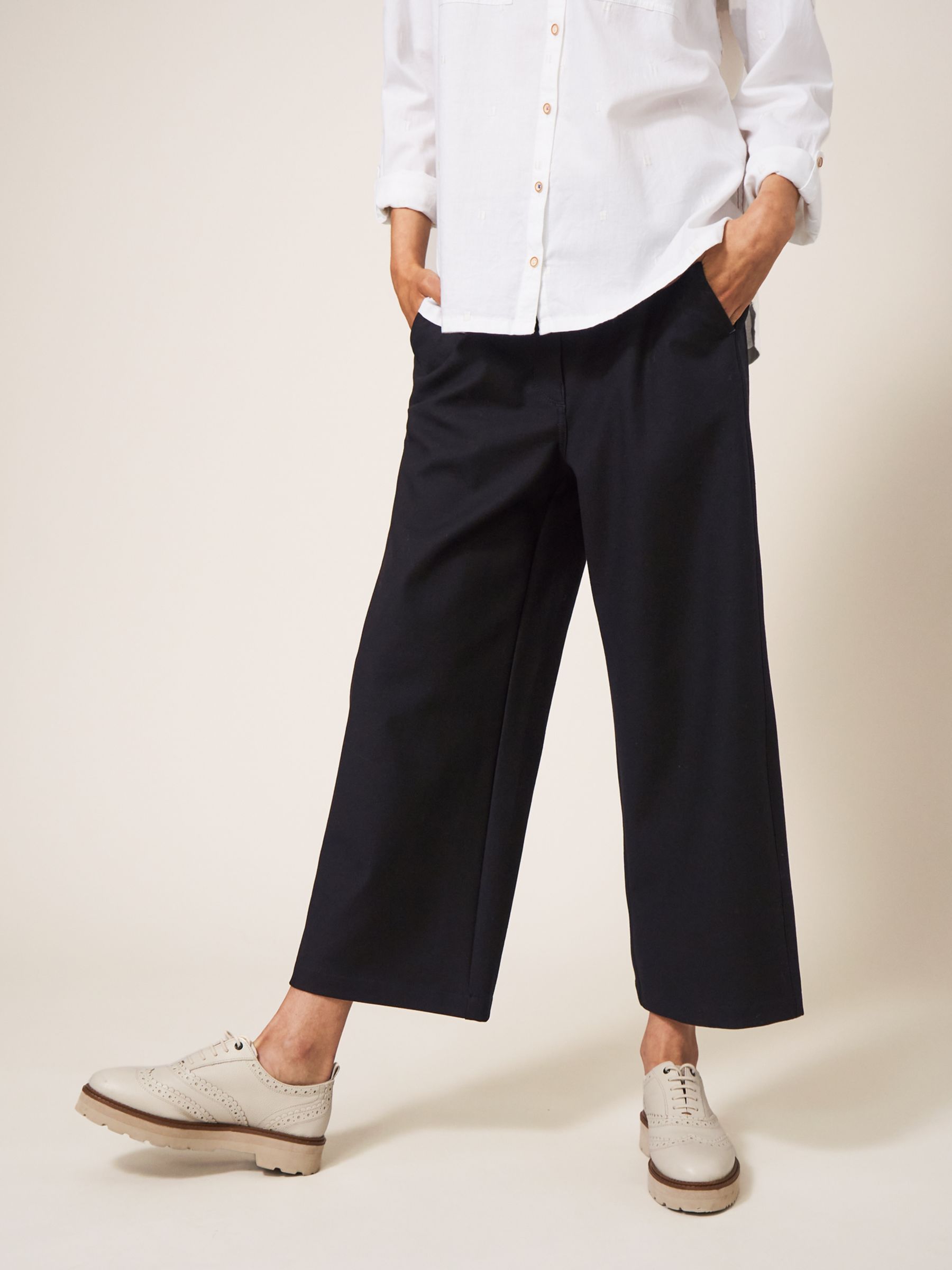 White Stuff Belle Wide Leg Cropped Trousers, Pure Black, 6
