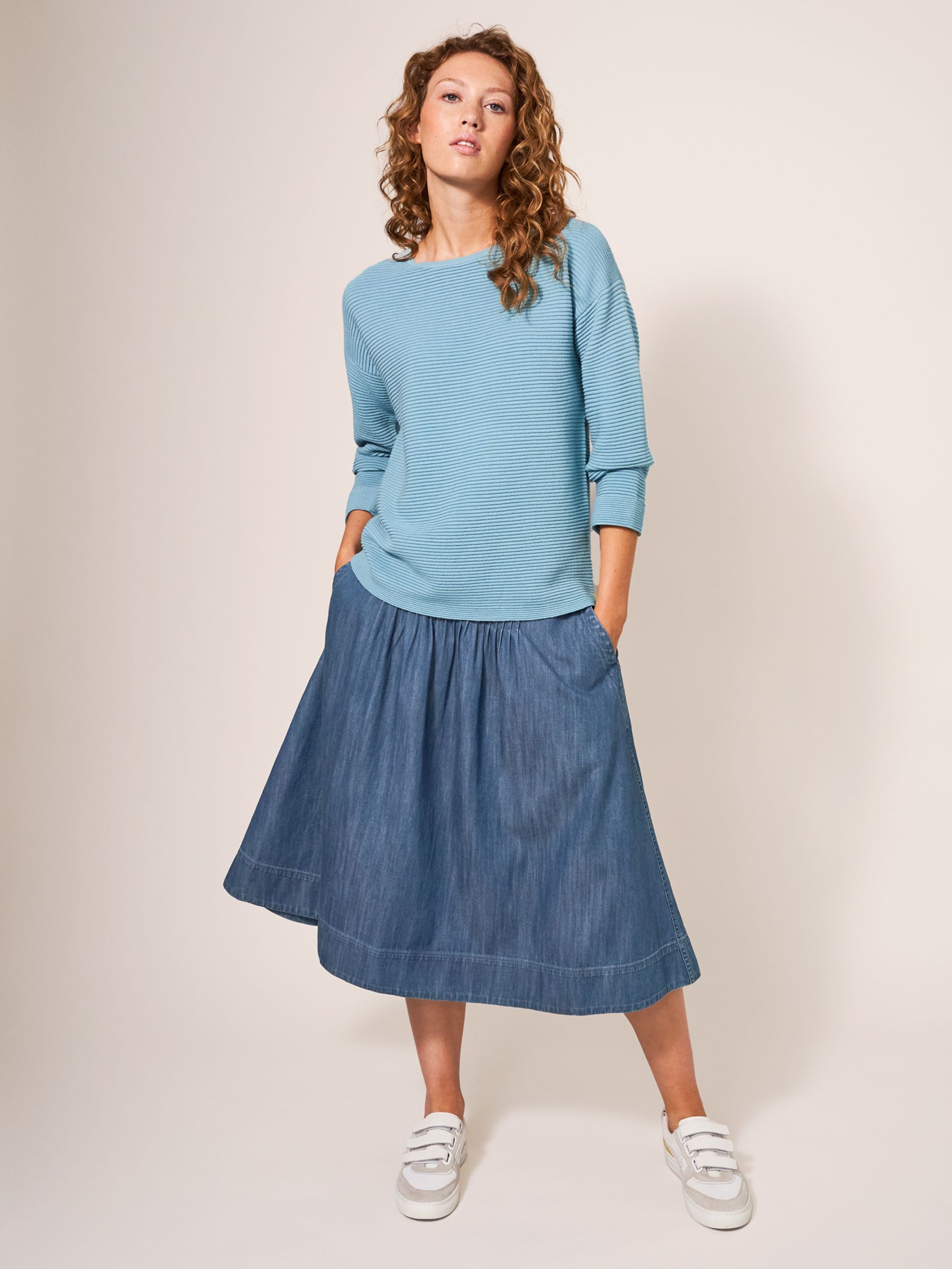 White Stuff Charlotte Denim Midi Skirt, Mid Blue at John Lewis & Partners