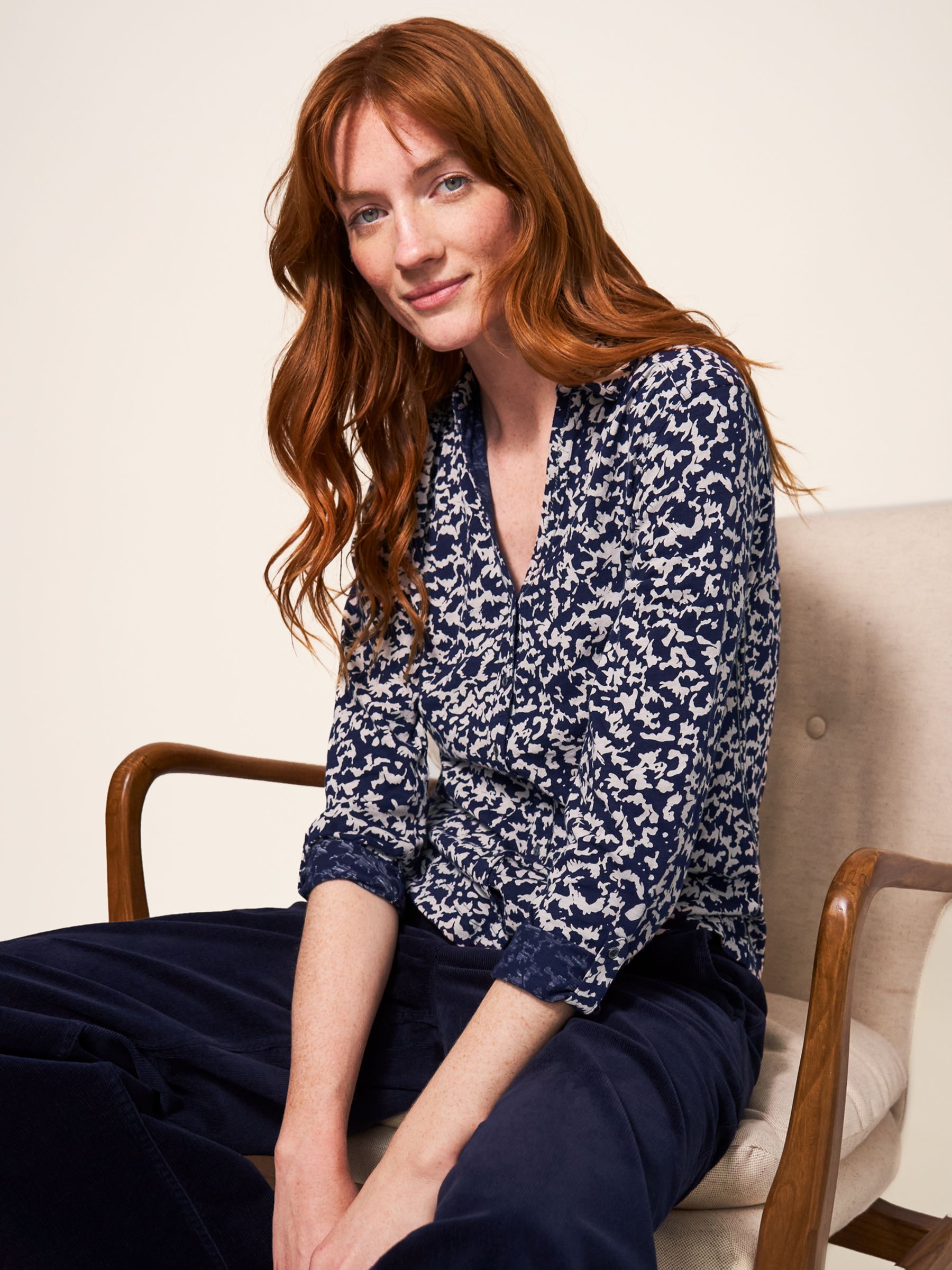 White Stuff Annie Jersey Shirt, Navy/Multi at John Lewis & Partners