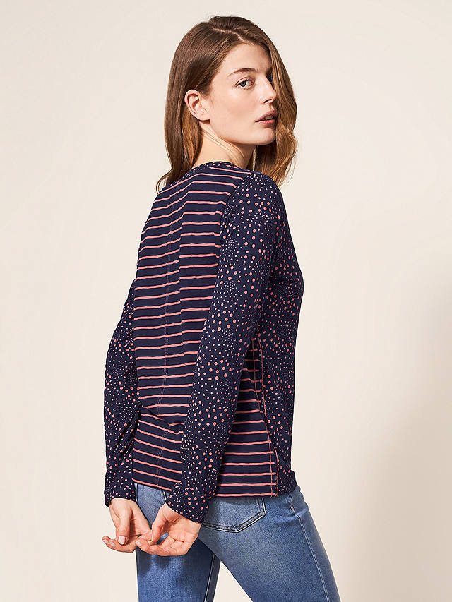 White Stuff Nelly Long Sleeve Printed Cotton Top, Navy/Multi