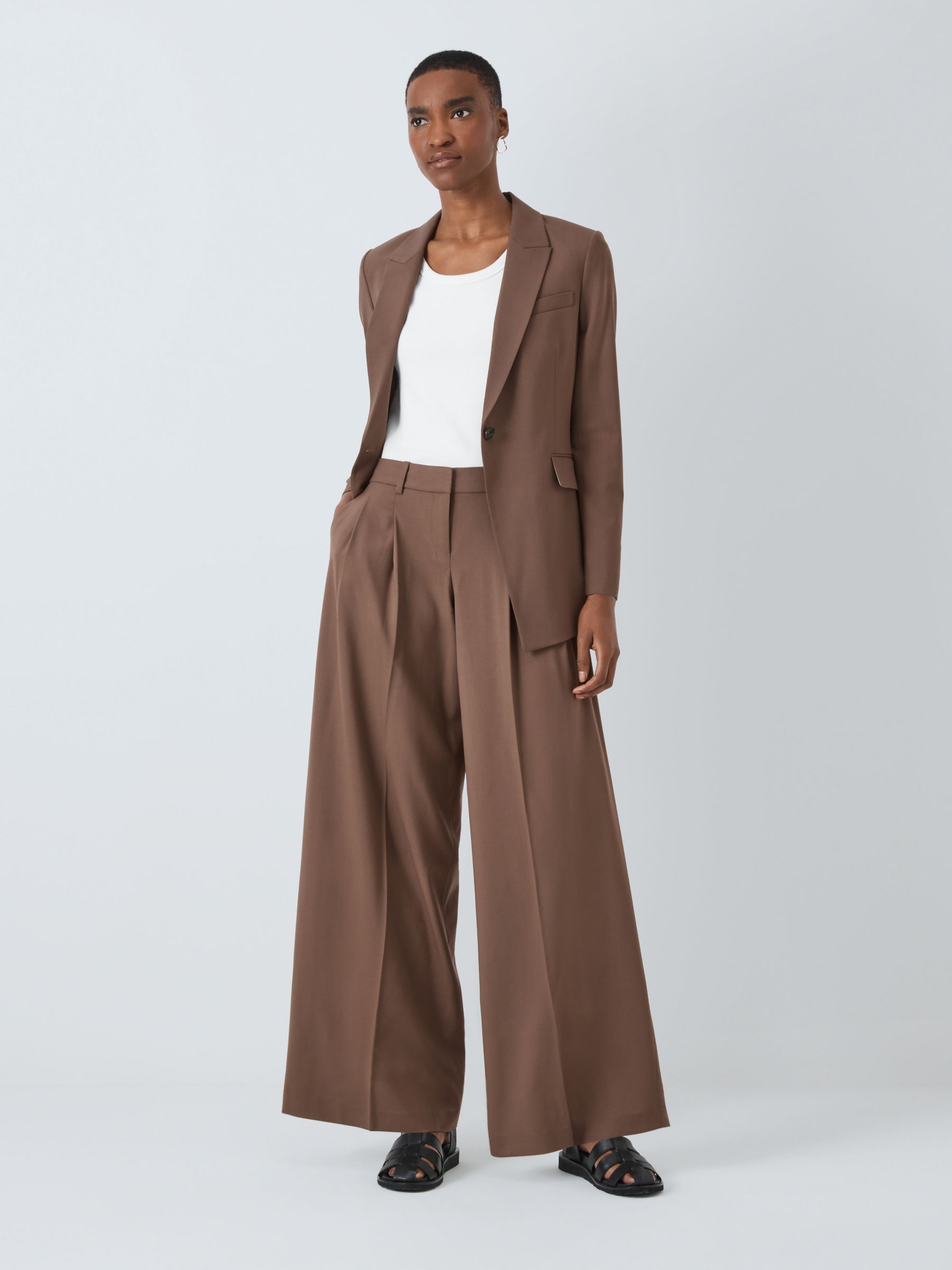 Theory Wool Blend Wide Leg Trousers, Pecan at John Lewis & Partners