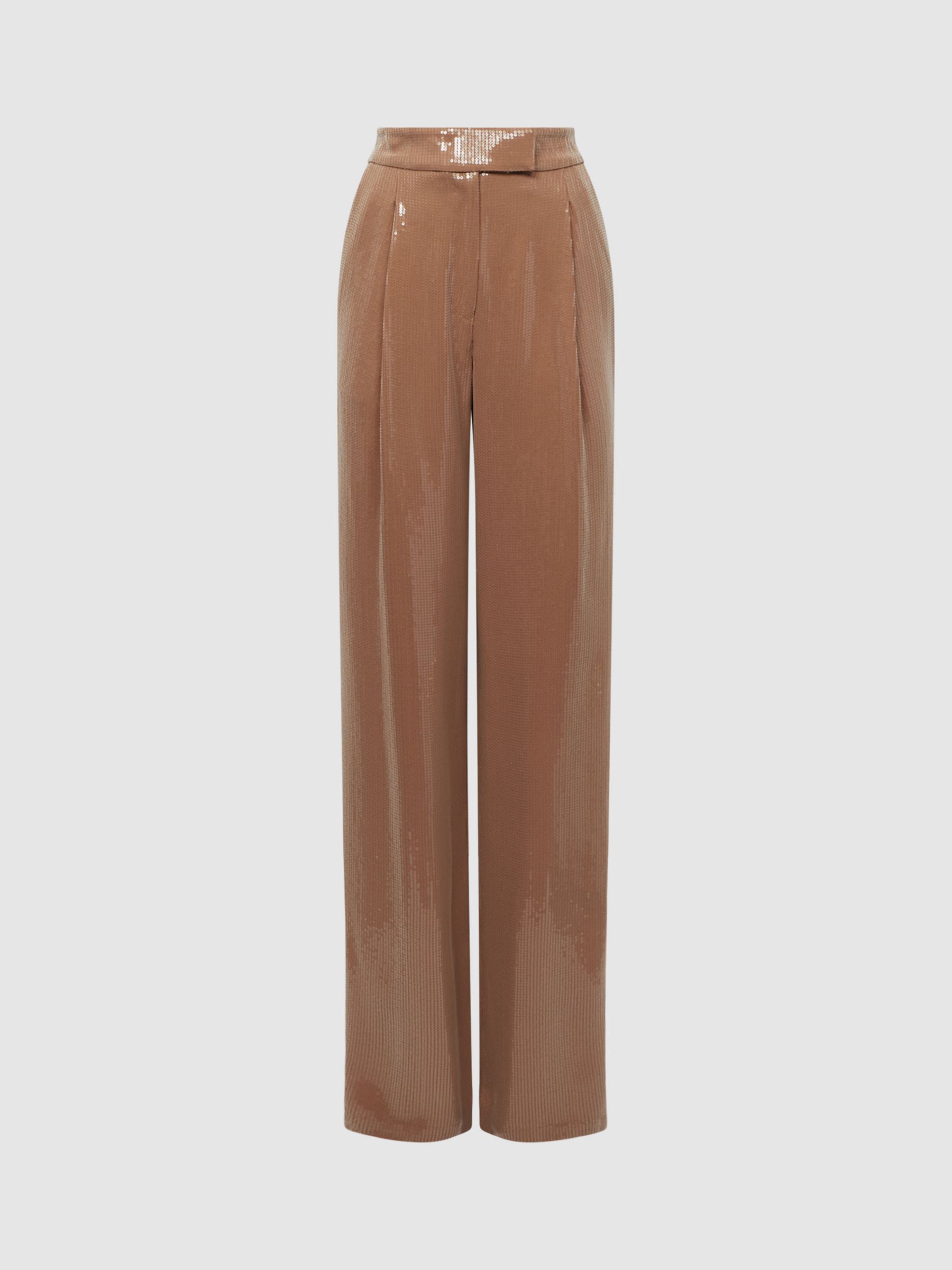 Reiss Lizzie Wide Leg Sequin Embellished Trousers, Brown at John Lewis ...