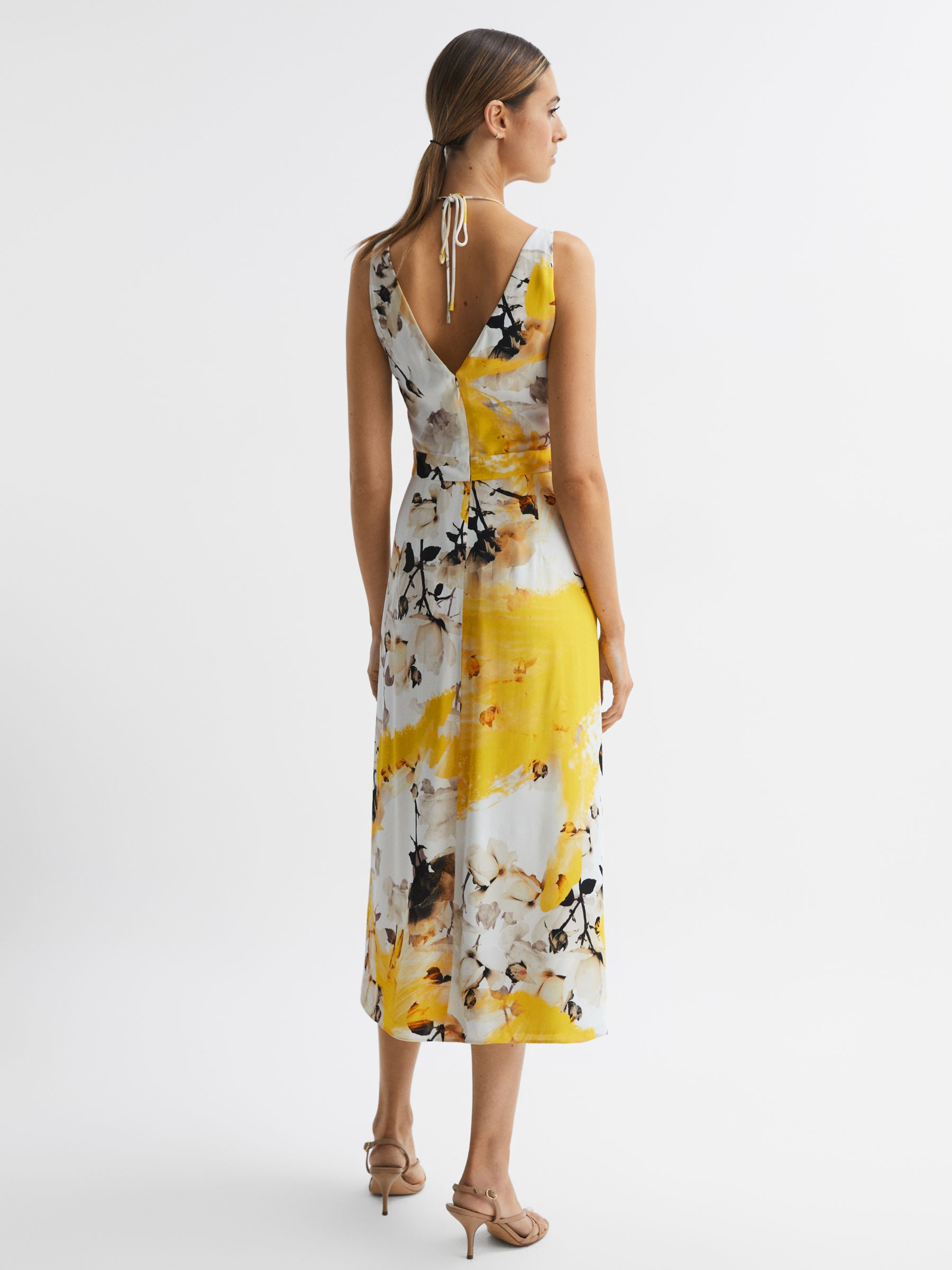 Reiss Petite Kasia Floral Midi Dress, Yellow/Multi, 6