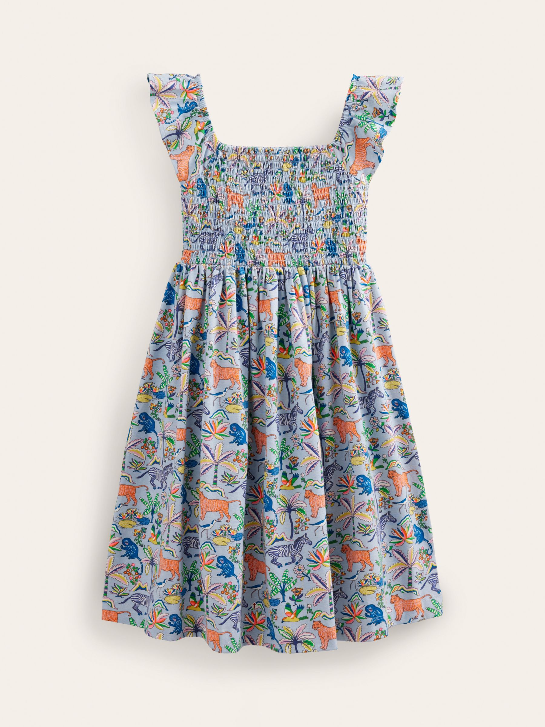 Mini Boden Kids' Tropical Garden Shirred Cotton Jersey Midi Dress,  Blue/Multi, 2-3 years