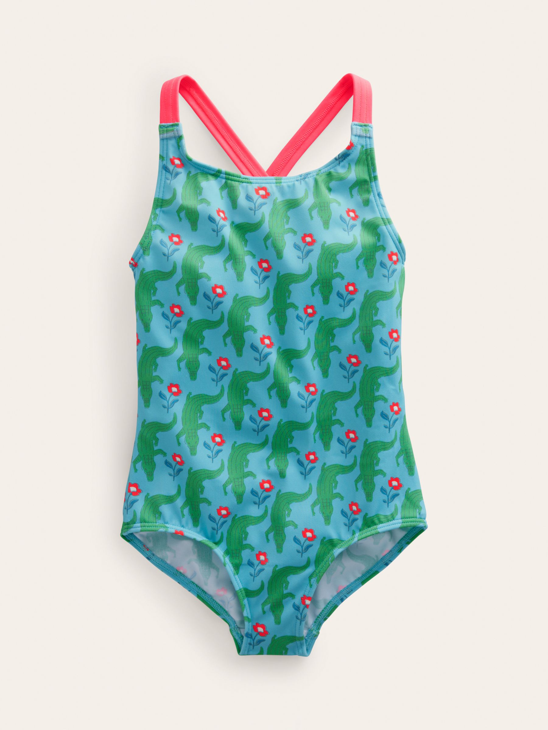 Mini Boden Kids' Cross Back Crocodile Print Swimsuit, Aqua, 2-3 years