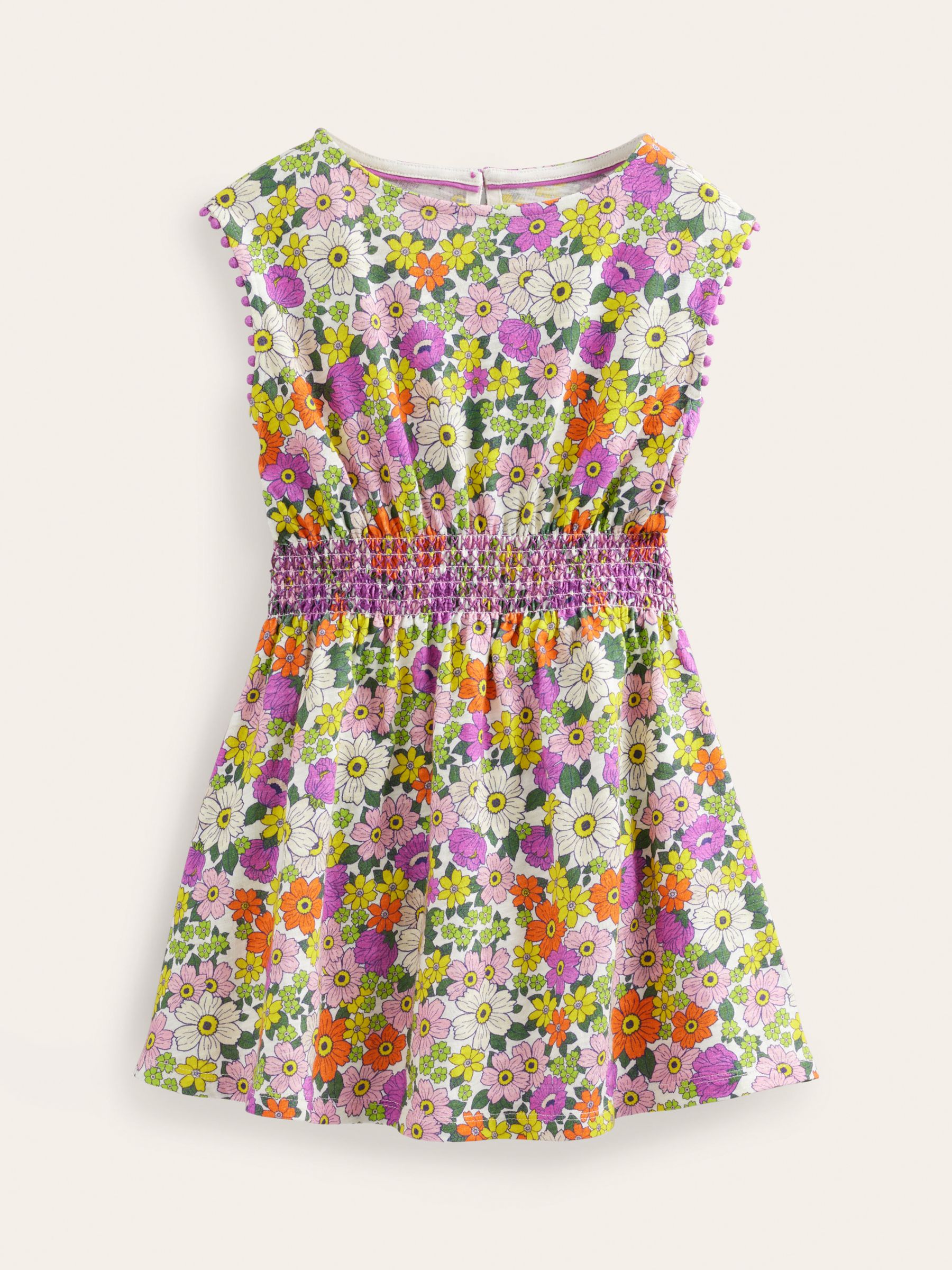 Mini Boden Kids' Floral Print Holiday Dress, Ivory/Radiant Orchid