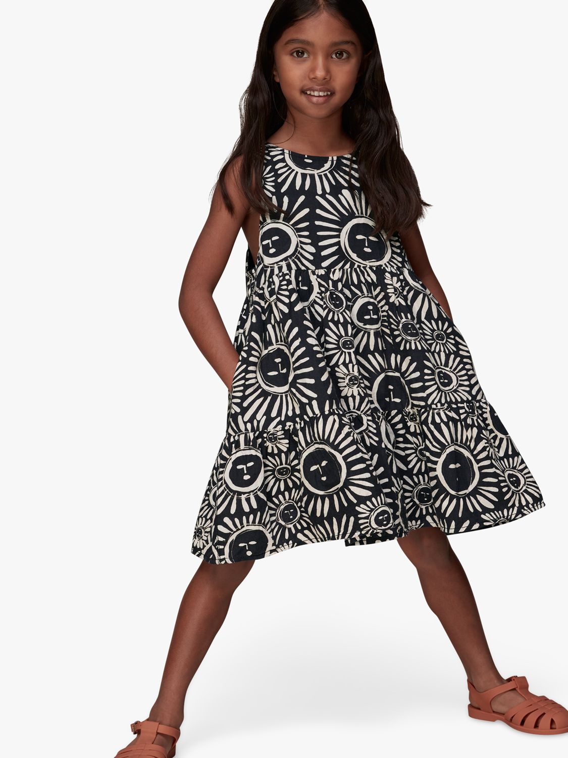 Whistles Kids' Sunman Sunshine Linen Blend Sleeveless Dress, Black/Multi, 4-5 years