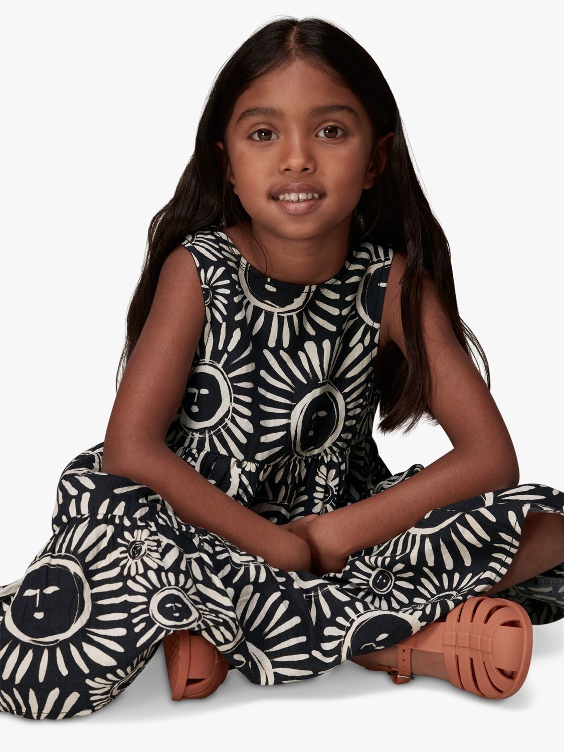 Whistles Kids' Sunman Sunshine Linen Blend Sleeveless Dress, Black/Multi, 4-5 years