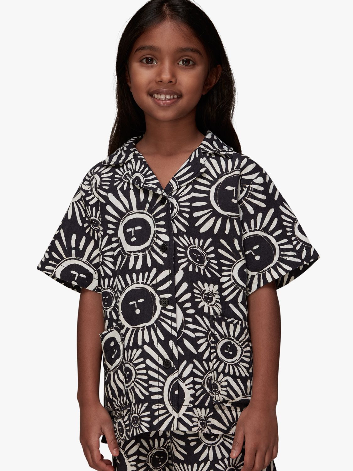 Whistles Kids' Linen Blend Sunman Sunny Shirt, Black/Multi, 8-9 years