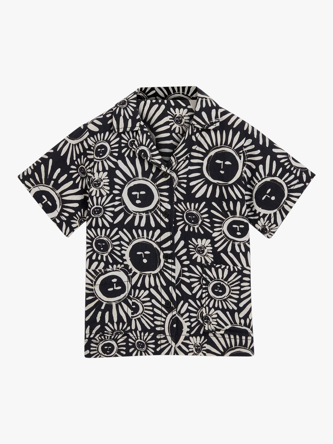 Whistles Kids' Linen Blend Sunman Sunny Shirt, Black/Multi, 8-9 years