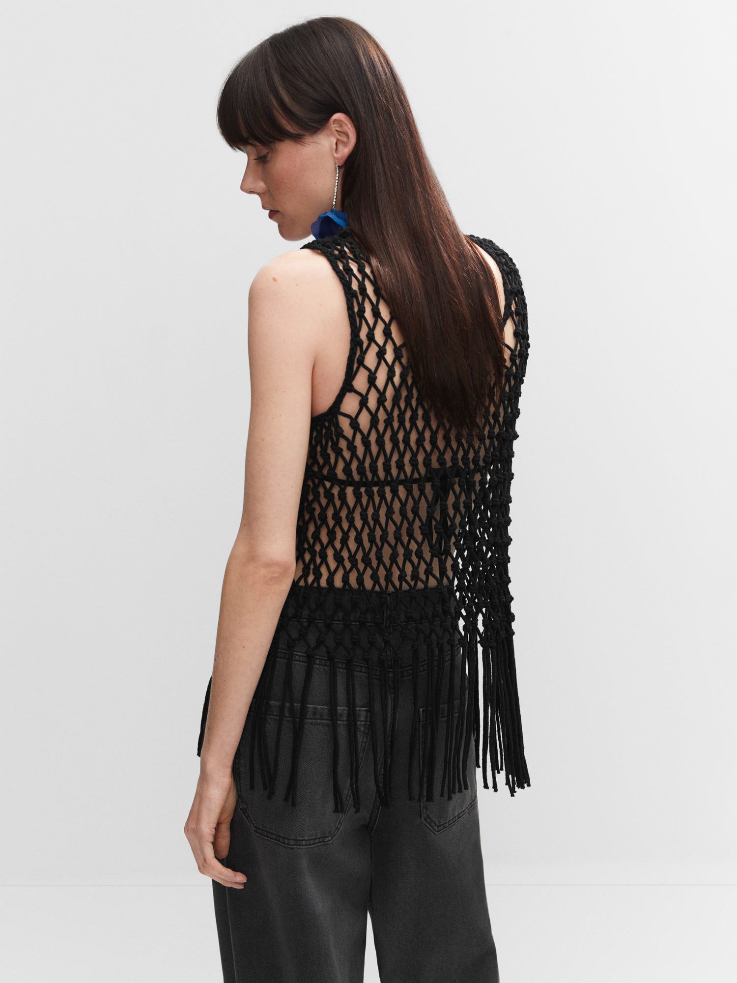 Mango Sarea Openwork Fringe Top, Black, S