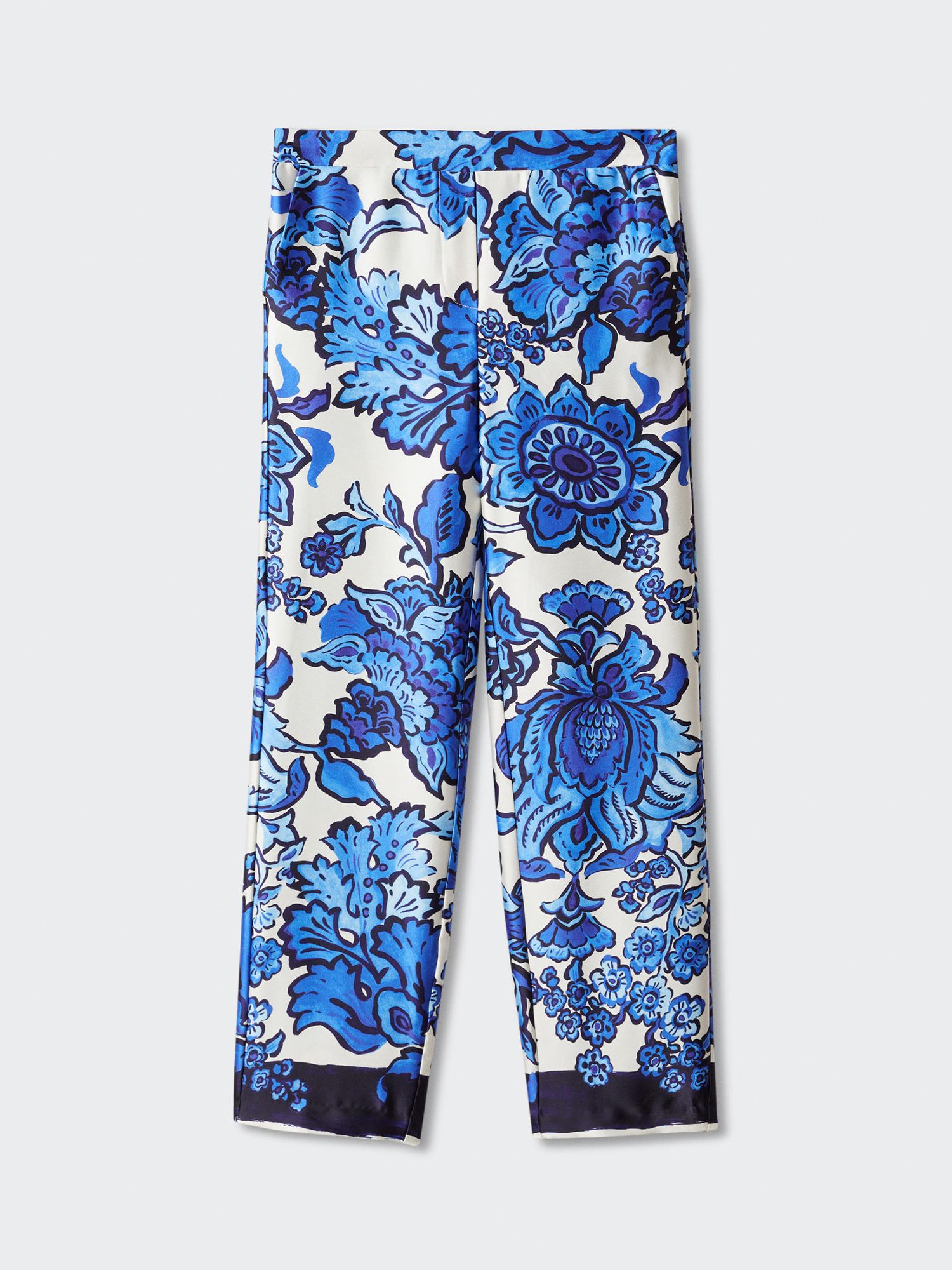 Mango Berries Floral Print Satin Trousers, Blue/White, XXS