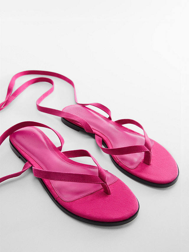 Mango Suede Lace Up Flat Sandals, Bright Pink at John Lewis & Partners