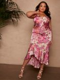 Chi Chi London Curve Cami Strap Floral Print Satin Midi Dress, Pink/Multi
