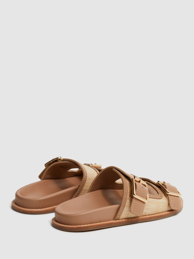 Reiss Ezra Raffia Leather Buckle Sliders, Natural, 3