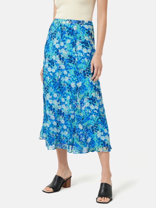 Jigsaw Rave Floral Print Crinkle Midi Skirt, Blue/Multi, 6