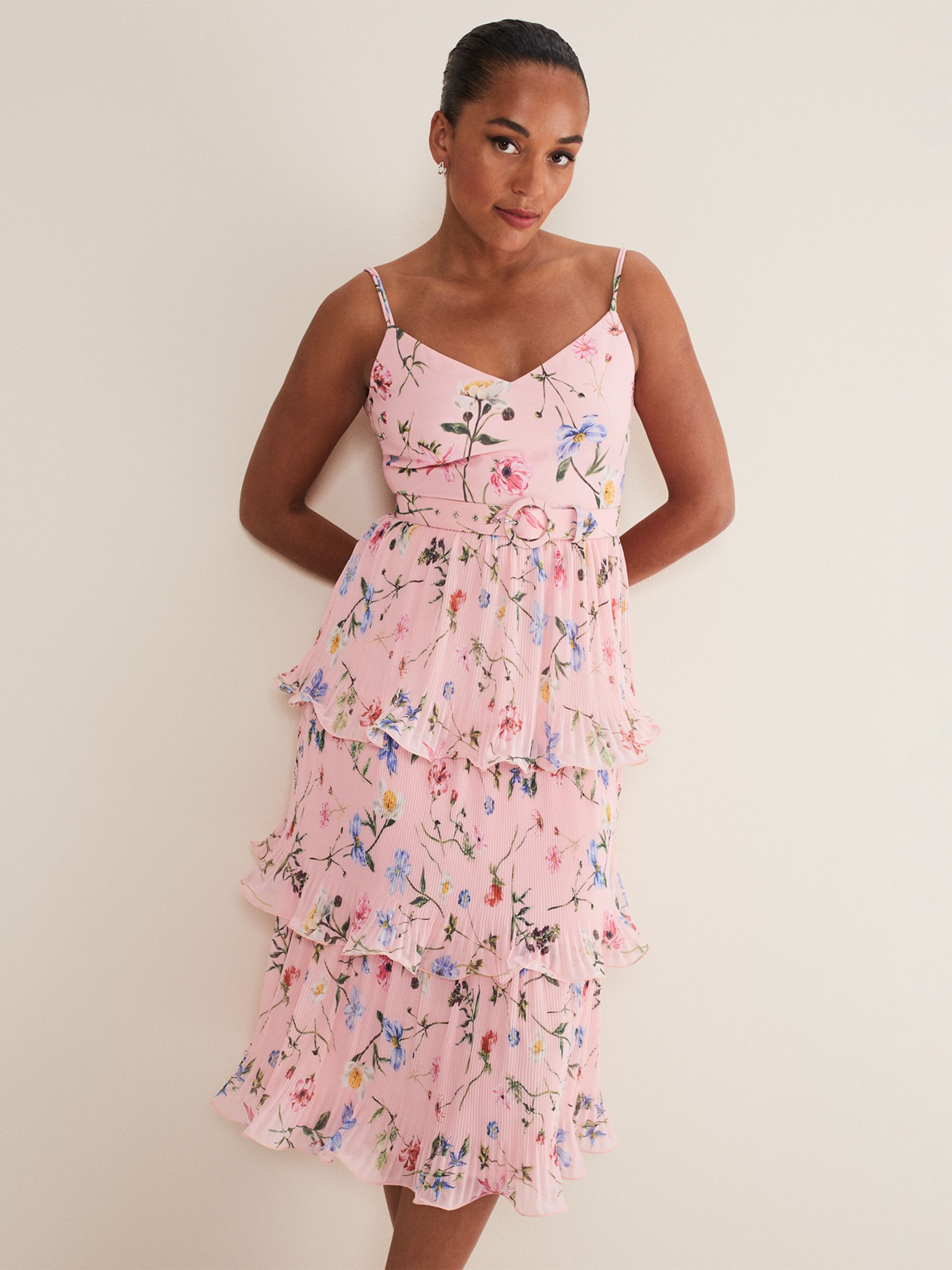 Phase Eight River Floral Tiered Dress, Pink/Multi, 10