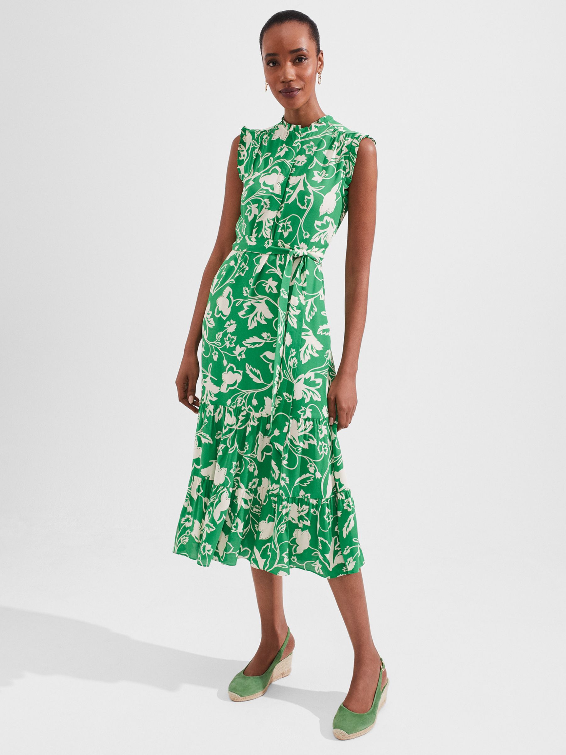 Hobbs Elsa Petite Floral Print Dress, Green/Buttercream, 8