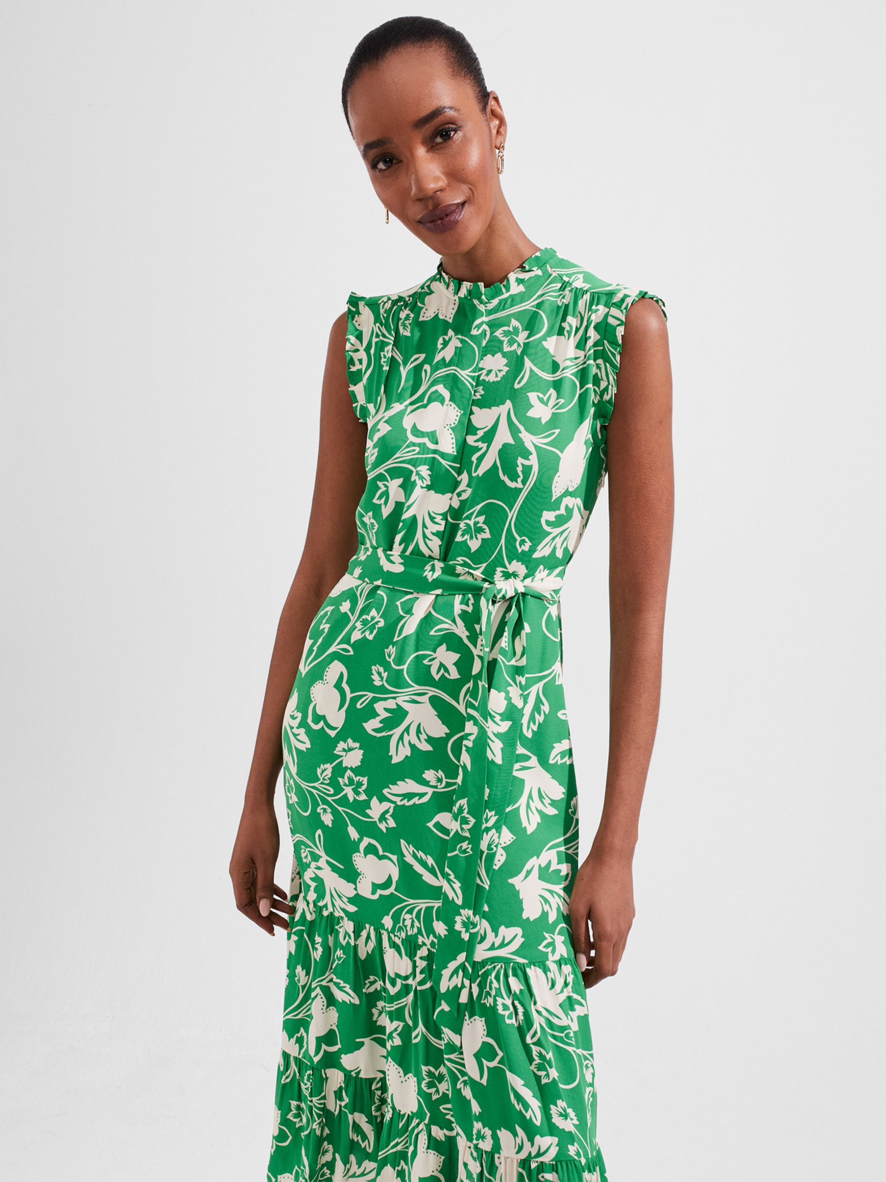 Hobbs Elsa Petite Floral Print Dress, Green/Buttercream, 8