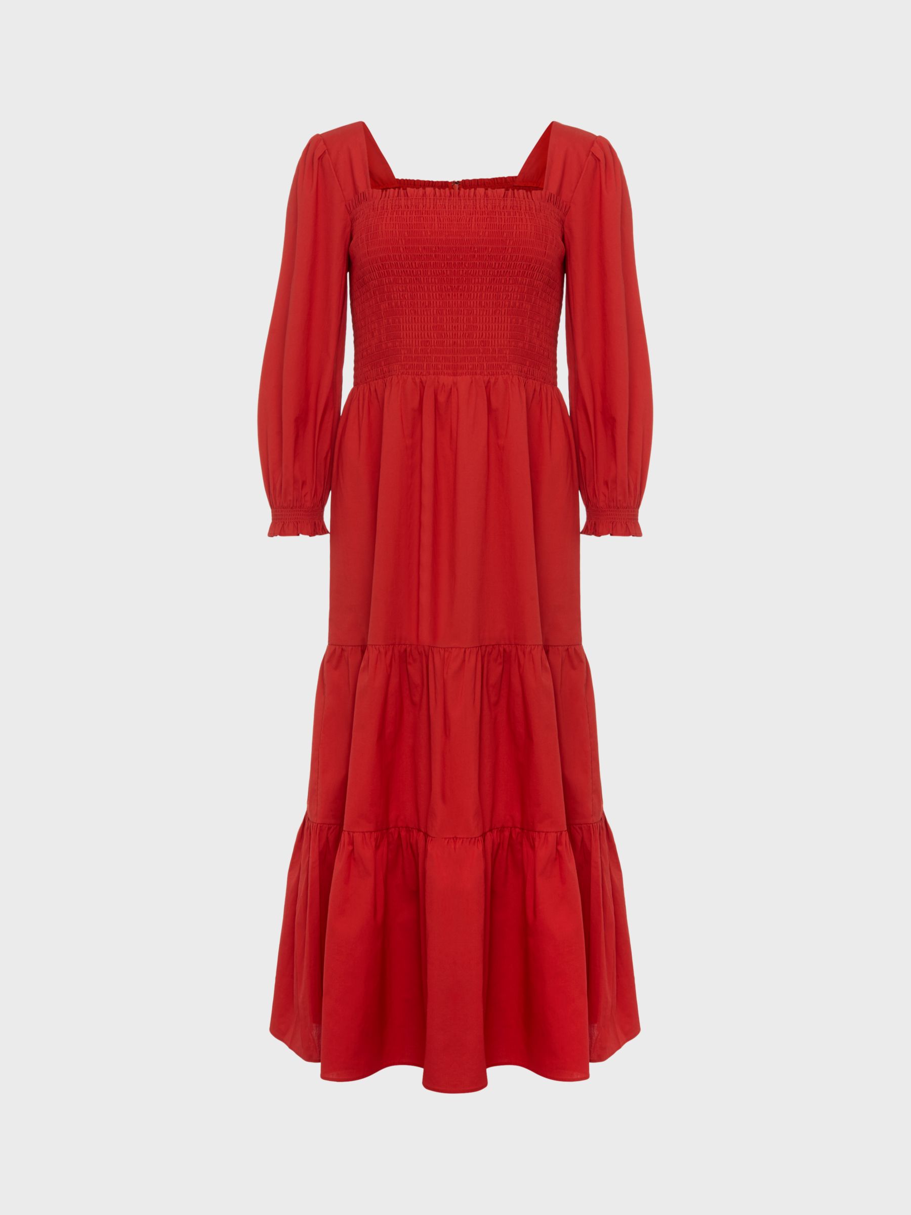 Hobbs Tia Shirred Bodice Midi Dress, Clay Red at John Lewis & Partners
