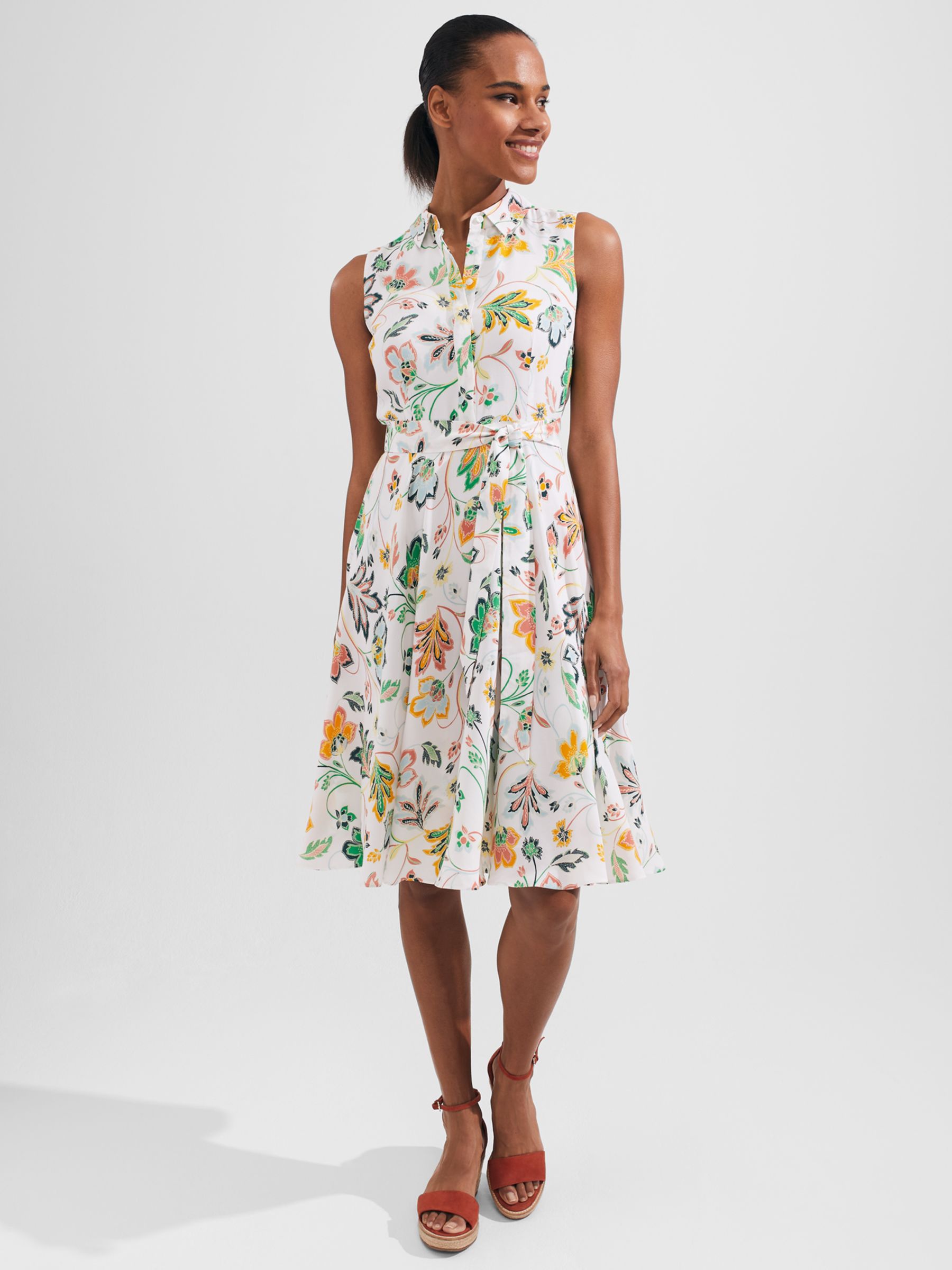Hobbs Belinda Floral Belted Dress, White/Multi at John Lewis & Partners