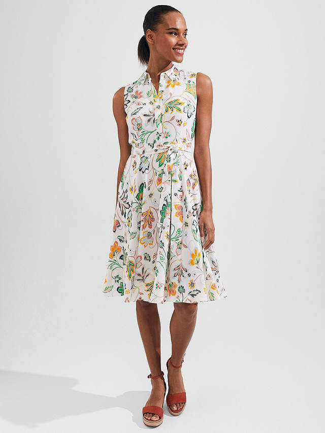 Hobbs Belinda Floral Belted Dress, White/Multi at John Lewis & Partners