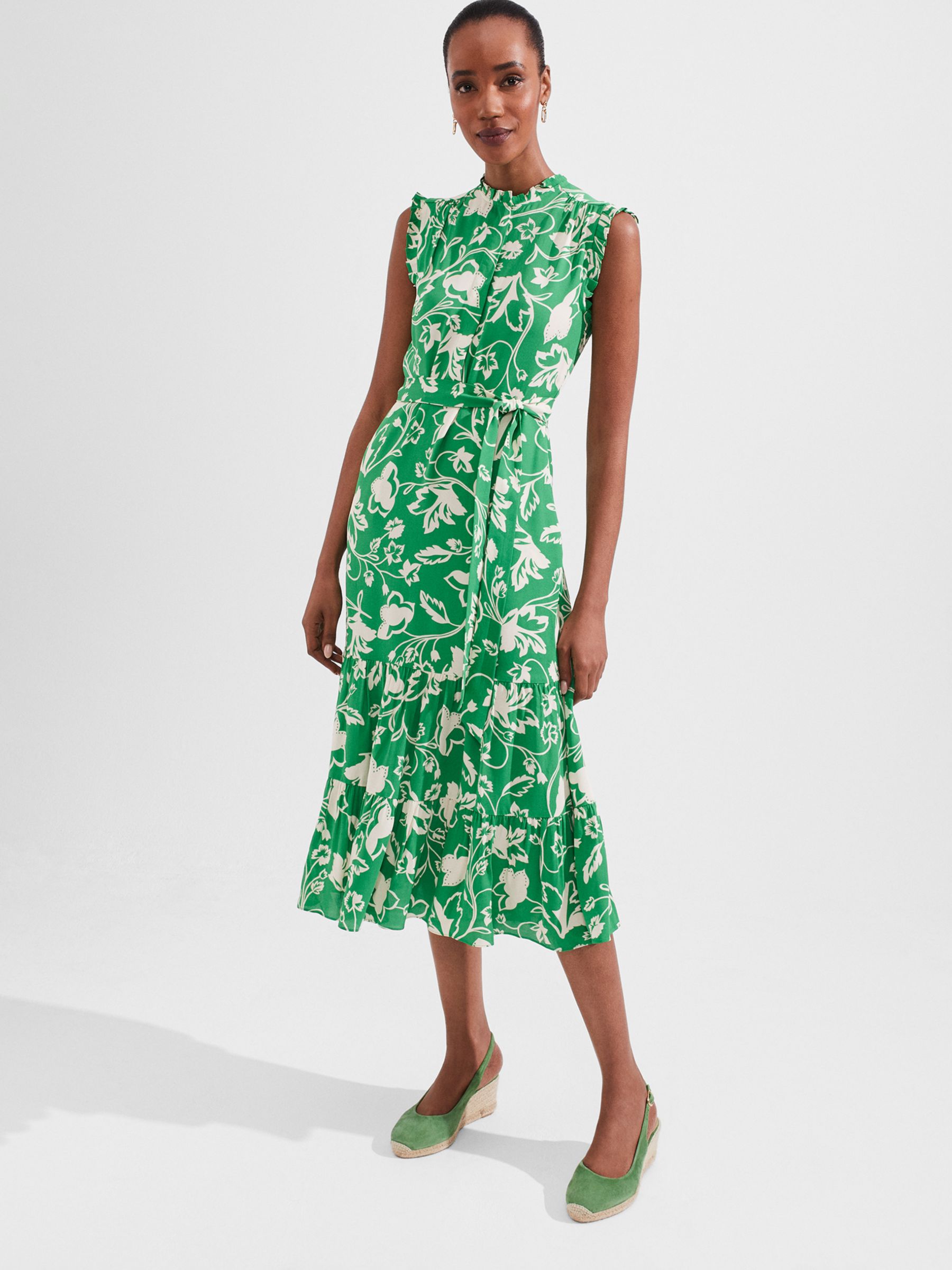 Hobbs Elsa Floral Frill Neck Midi Dress, Green/Ivory, 10