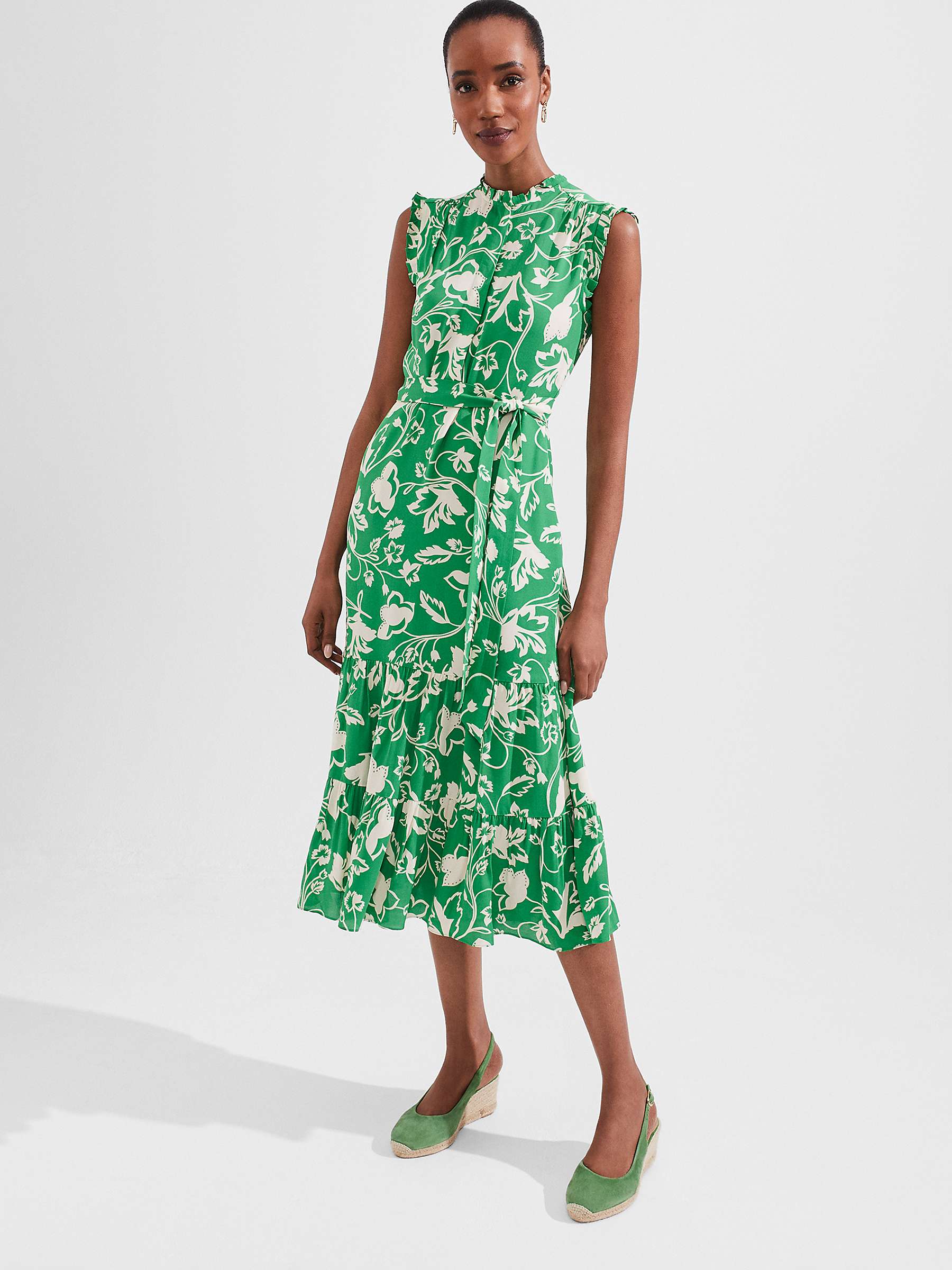 Buy Hobbs Elsa Floral Frill Neck Midi Dress, Green/Ivory Online at johnlewis.com