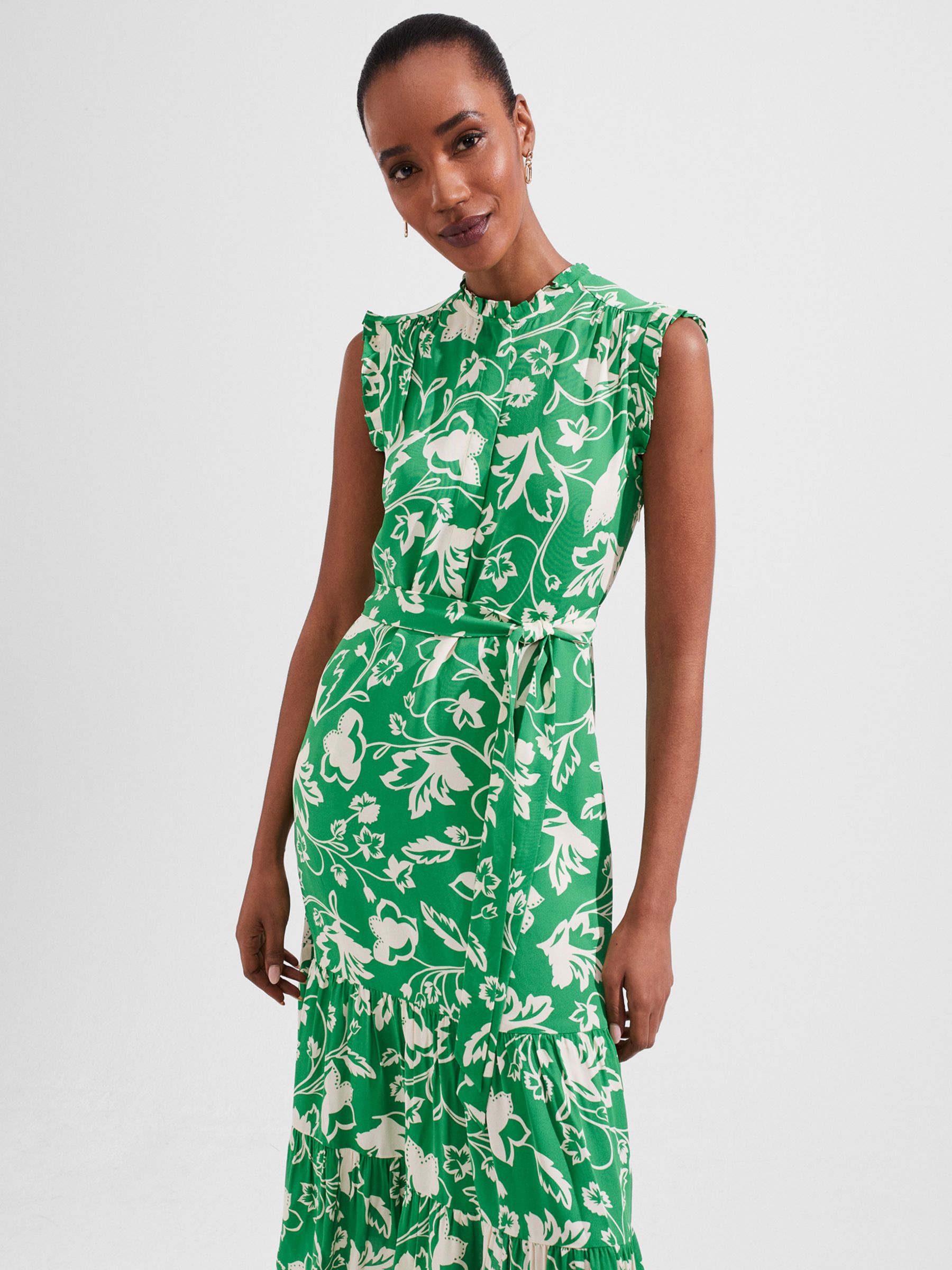 Hobbs Elsa Floral Frill Neck Midi Dress, Green/Ivory, 6