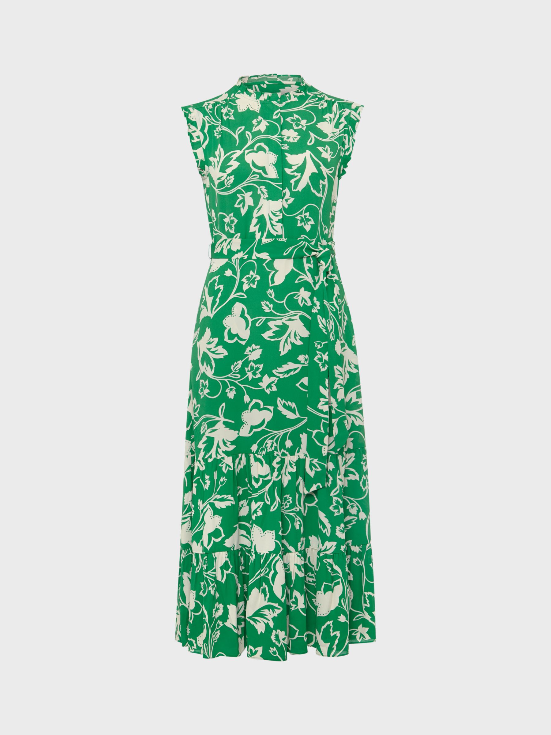 Hobbs Elsa Floral Frill Neck Midi Dress, Green/Ivory, 10