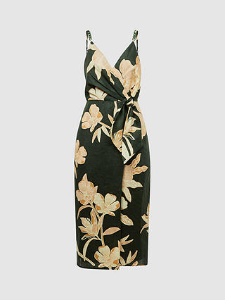 Reiss Alice Floral Linen Dress, Khaki/Multi