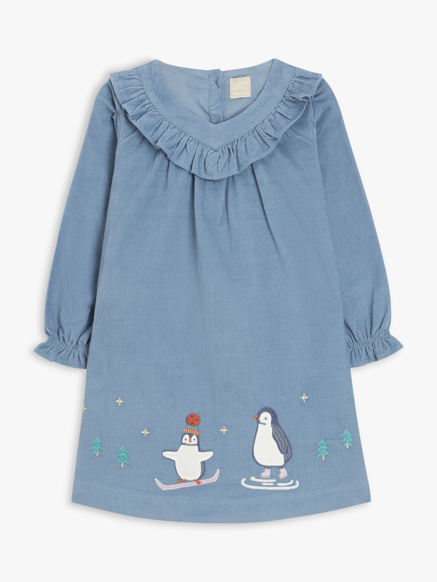 John Lewis Baby Penguin Embroidered Border Dress Blue at John