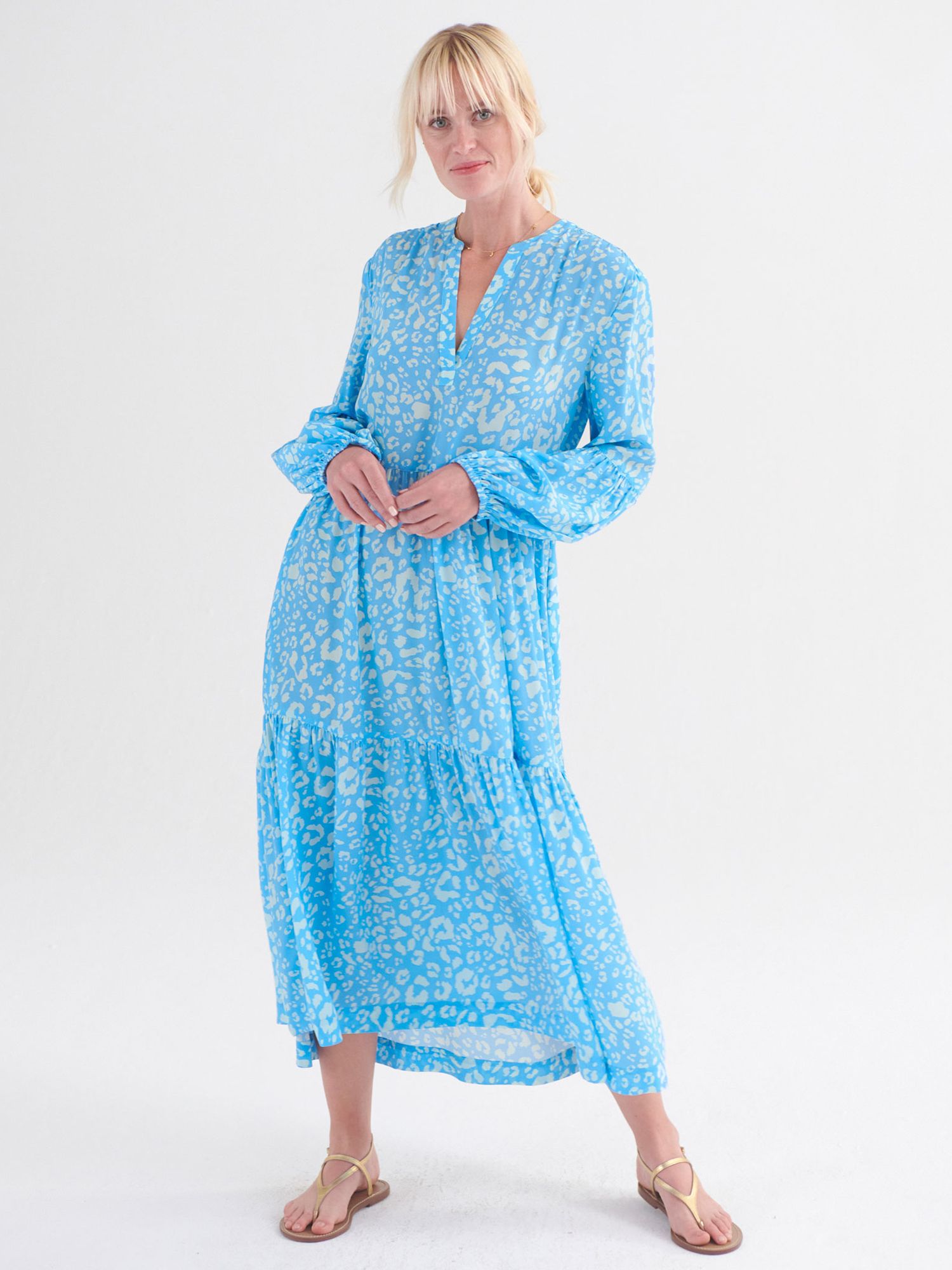 Buy NRBY Genevieve Silk Animal Print Midi Dress, Turquoise Online at johnlewis.com